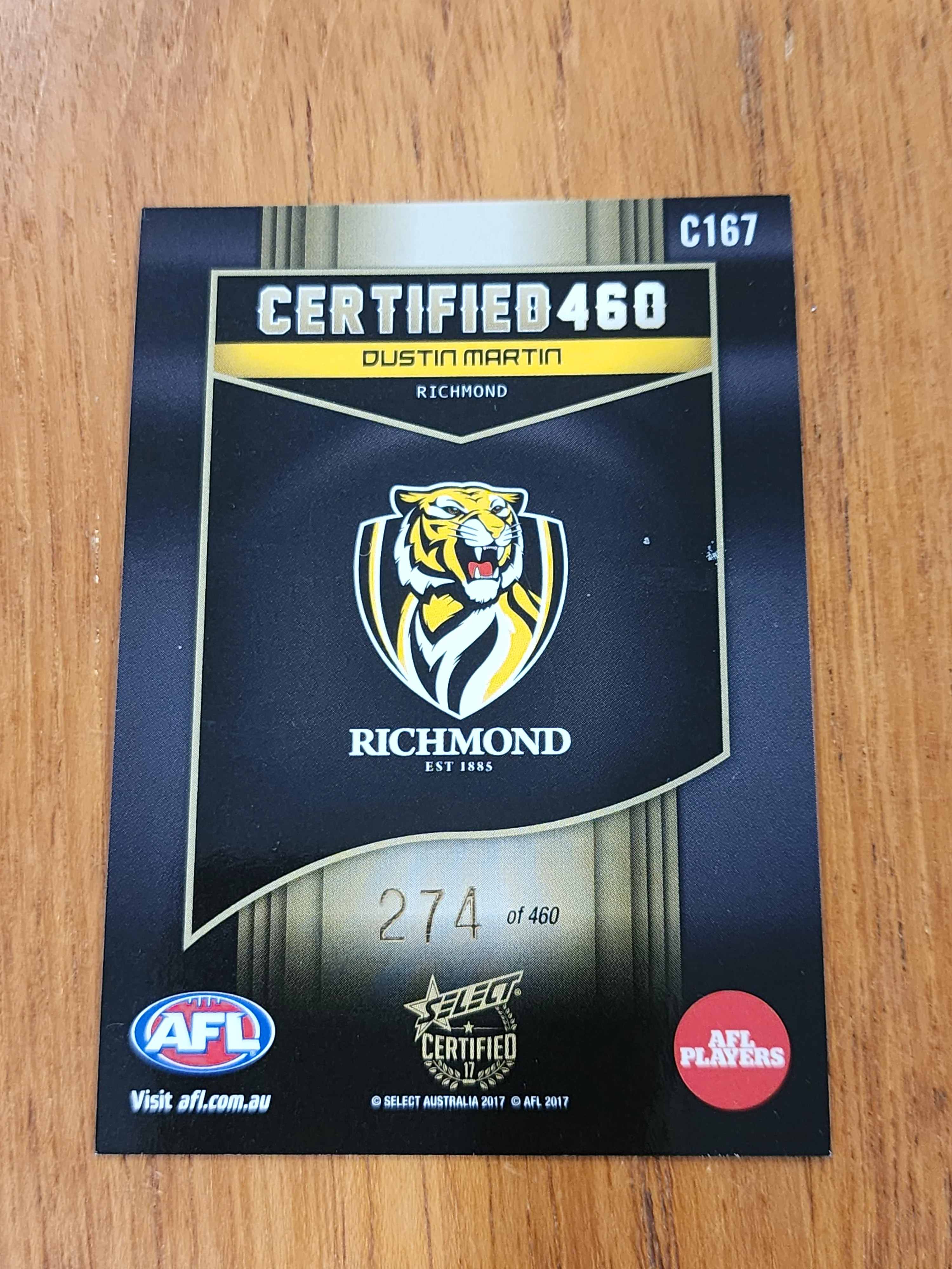 2017 AFL Select Certified 460 Dustin Martin Richmond C167 274/460 - Image 2