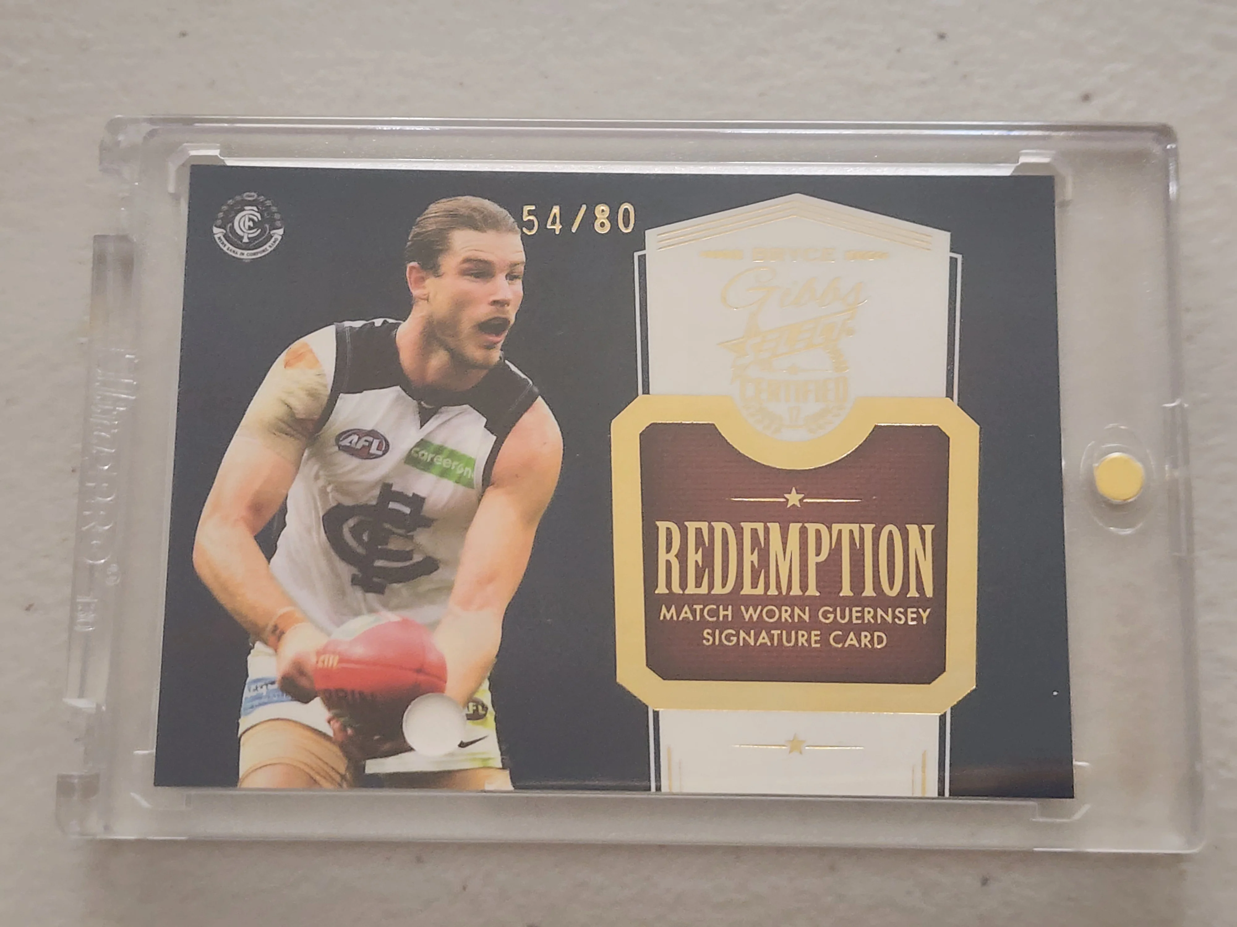 2017 AFL Select Certified Bryce Gibbs Redemption Match Worn Guernsey Signature Card Carlton 54/80 - Image 2