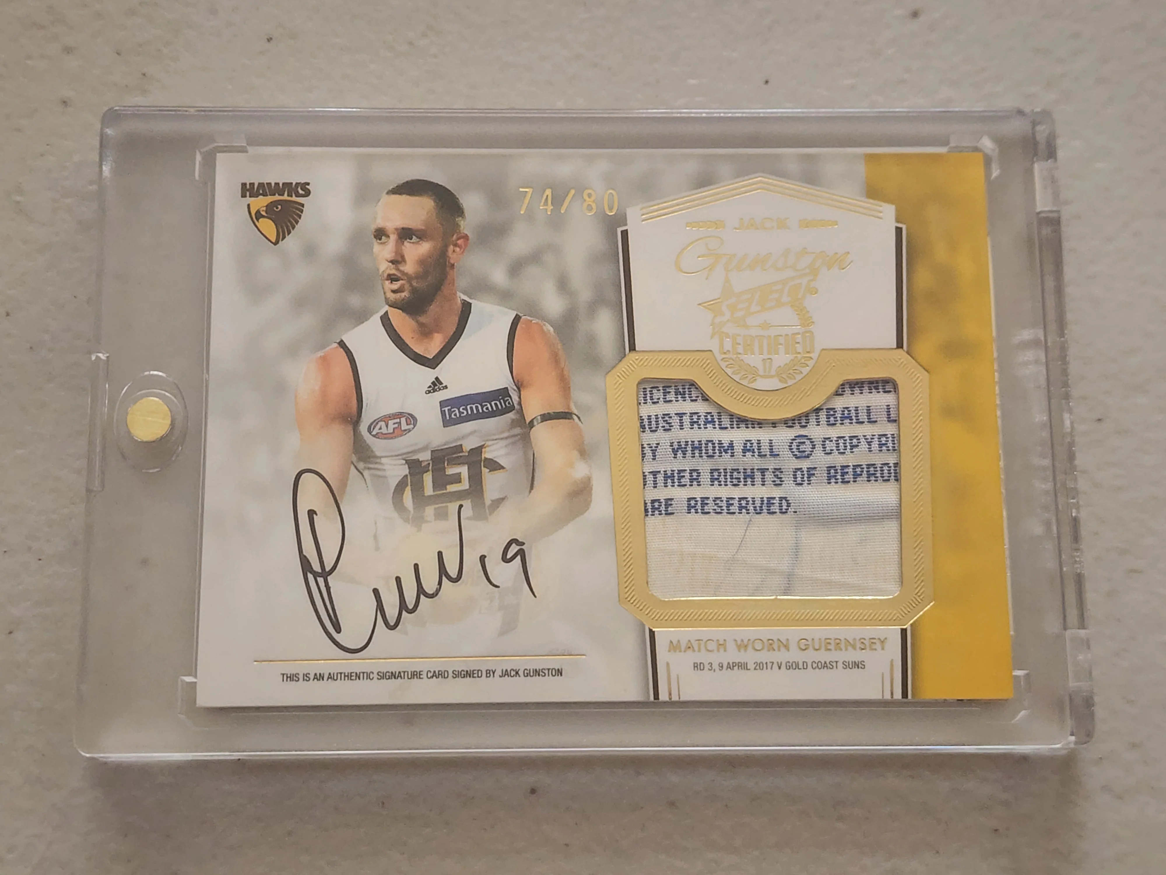 2017 AFL Select Certified Jack Gunston Redemption Match Worn Signature Card Hawks 74/80