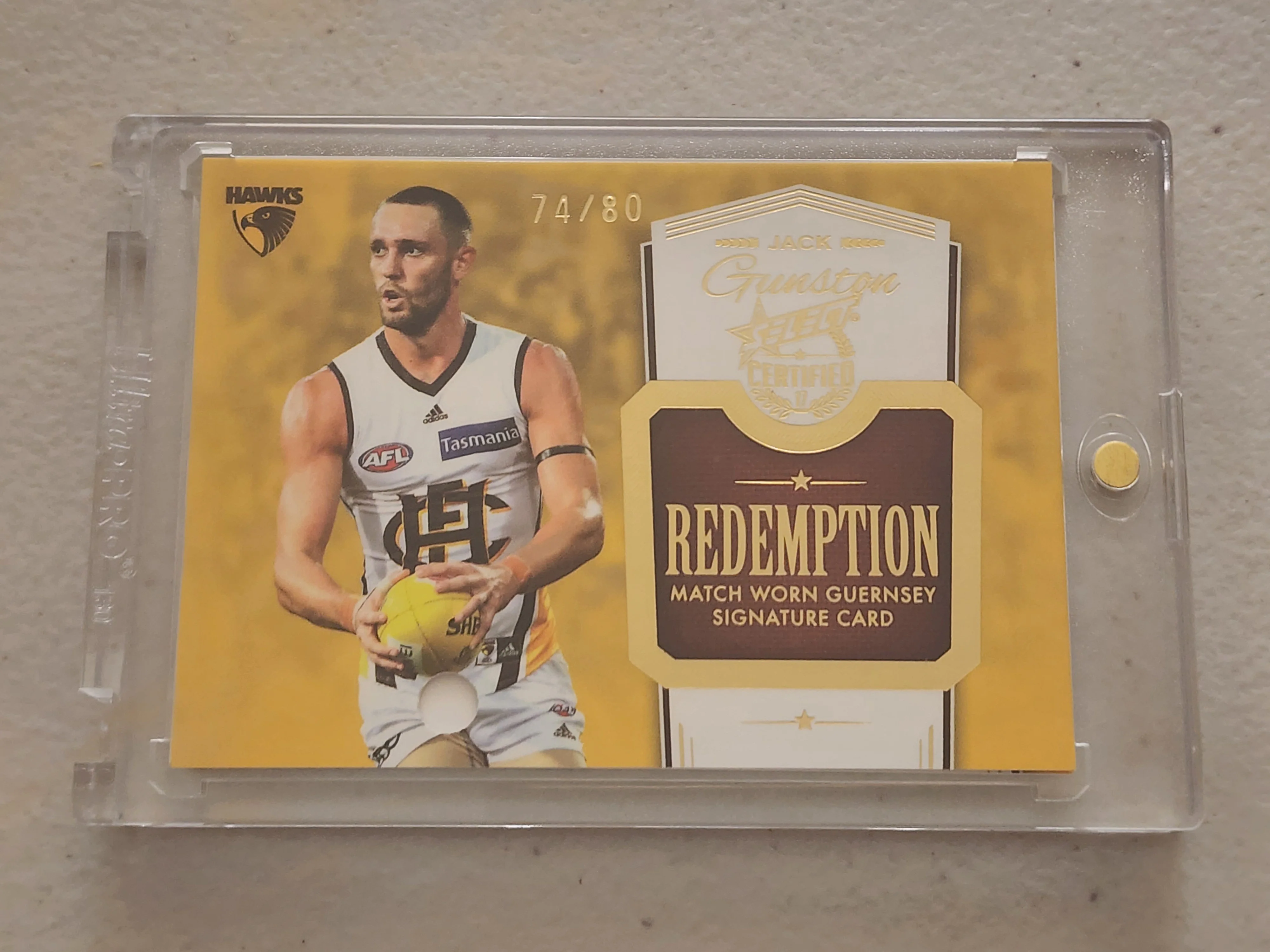 2017 AFL Select Certified Jack Gunston Redemption Match Worn Signature Card Hawks 74/80 - Image 2