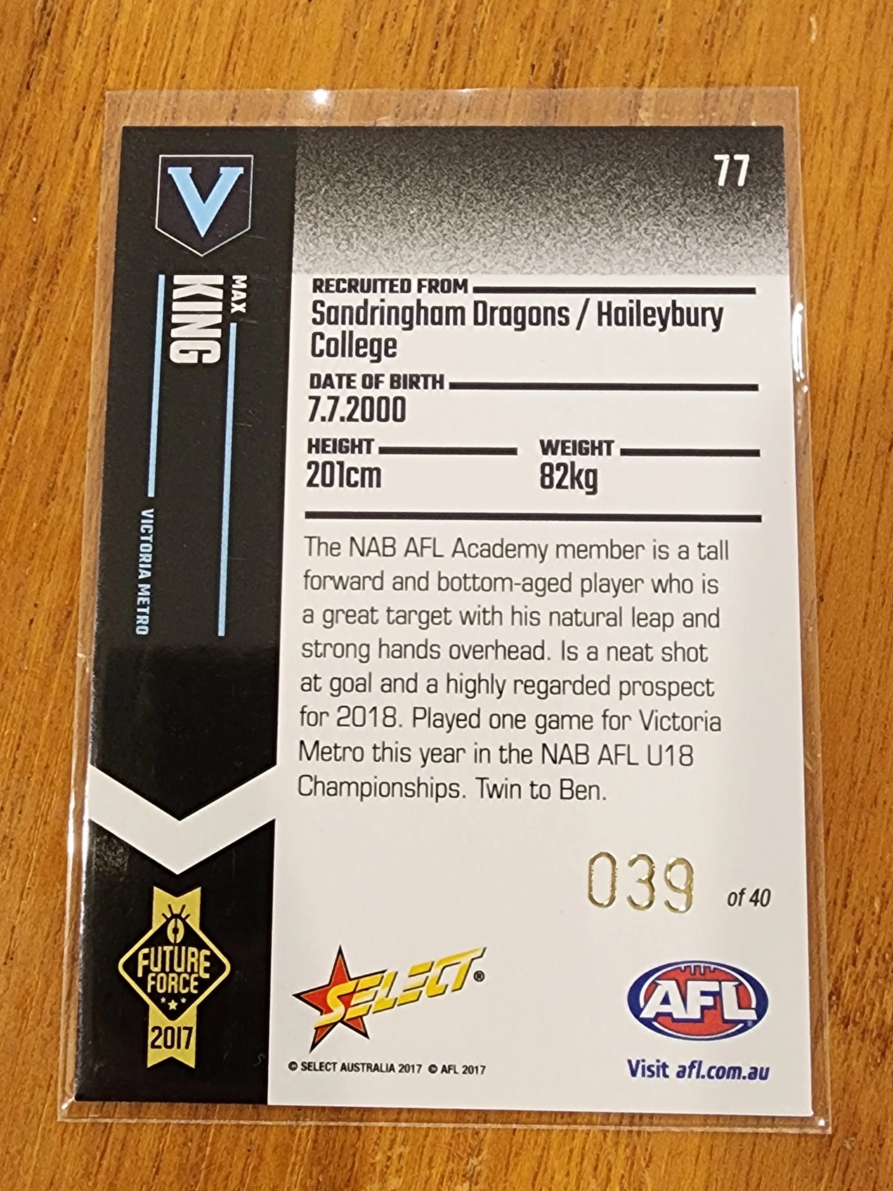 2017 AFL Select Future Force Max King Victoria Metro 39/40 - Image 2
