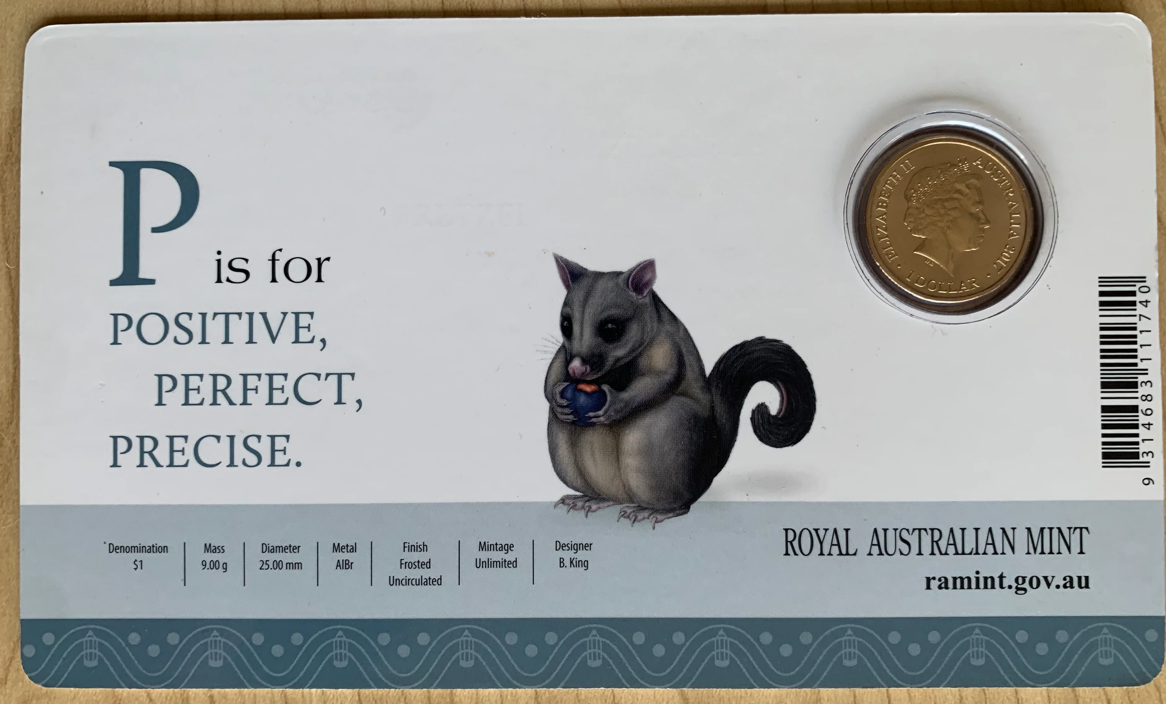 2017 Aussie Alphabet Coloured $1 coin "P" Possum - Image 2