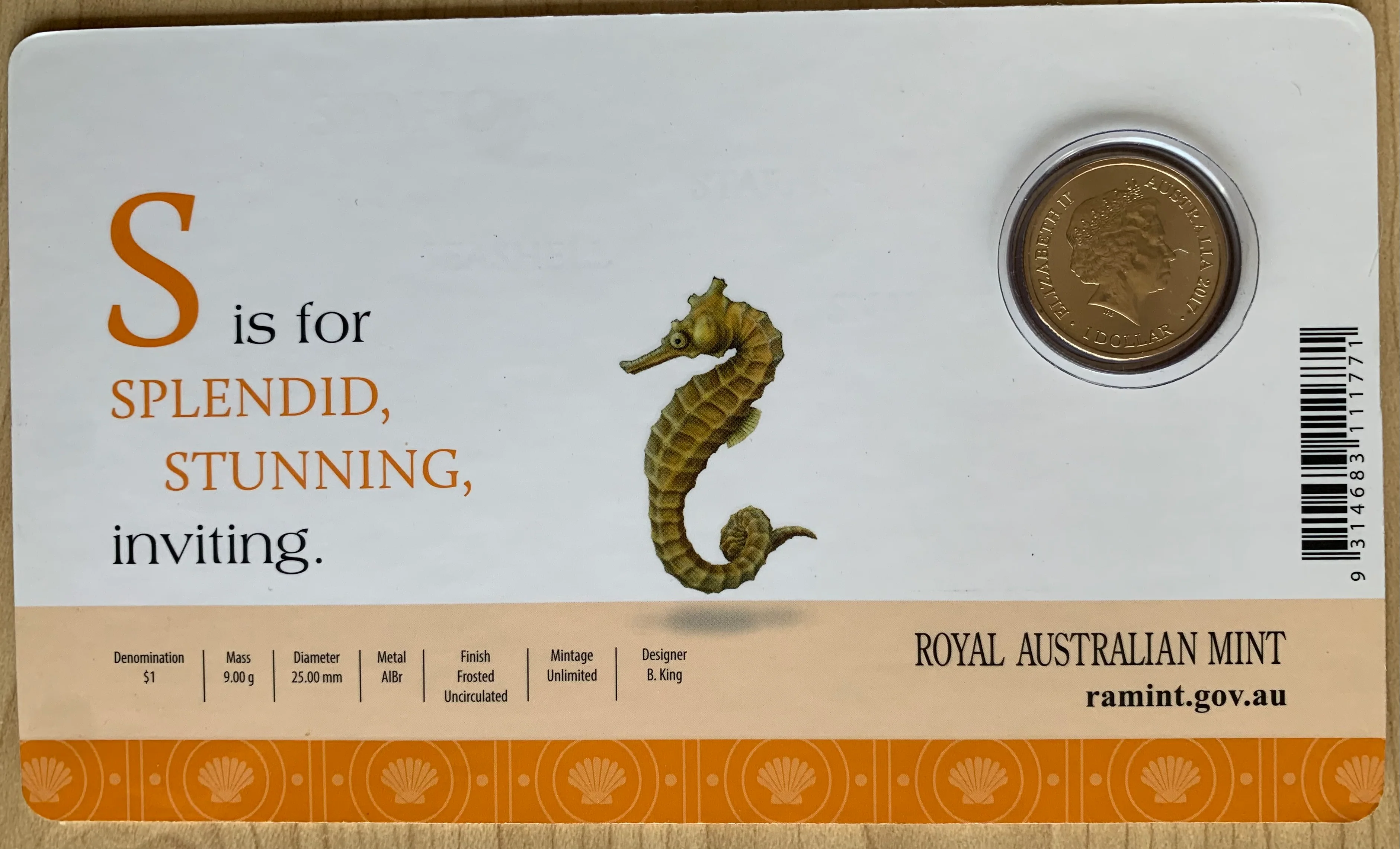 2017 Aussie Alphabet Coloured $1 coin "S" Seahorse - Image 2