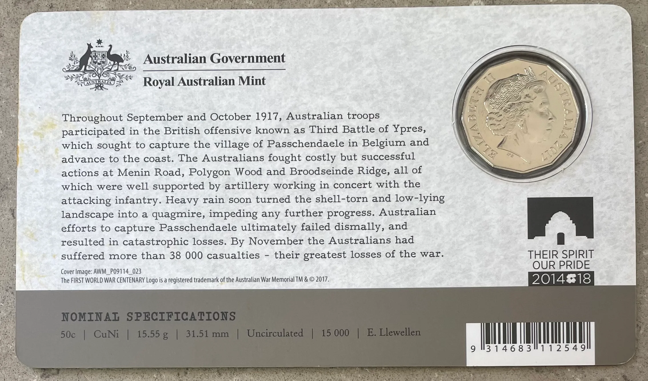 Australia 2017 50c Fifty Cents Battle of Passchendaele Coin - Image 2