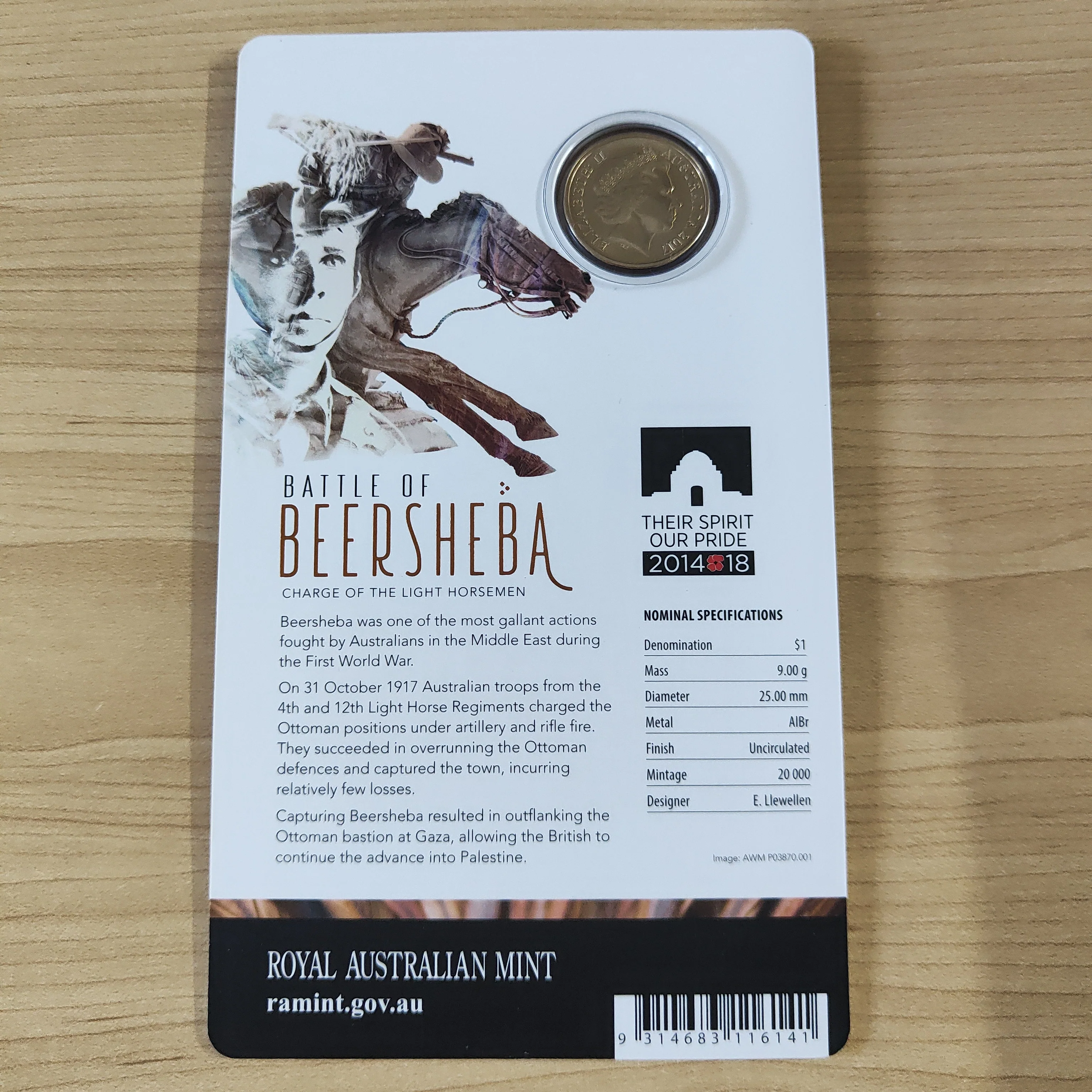 2017 Battle of Beersheba Charge of the Light Horsemen $1 Uncirculated Carded Coin - Image 2