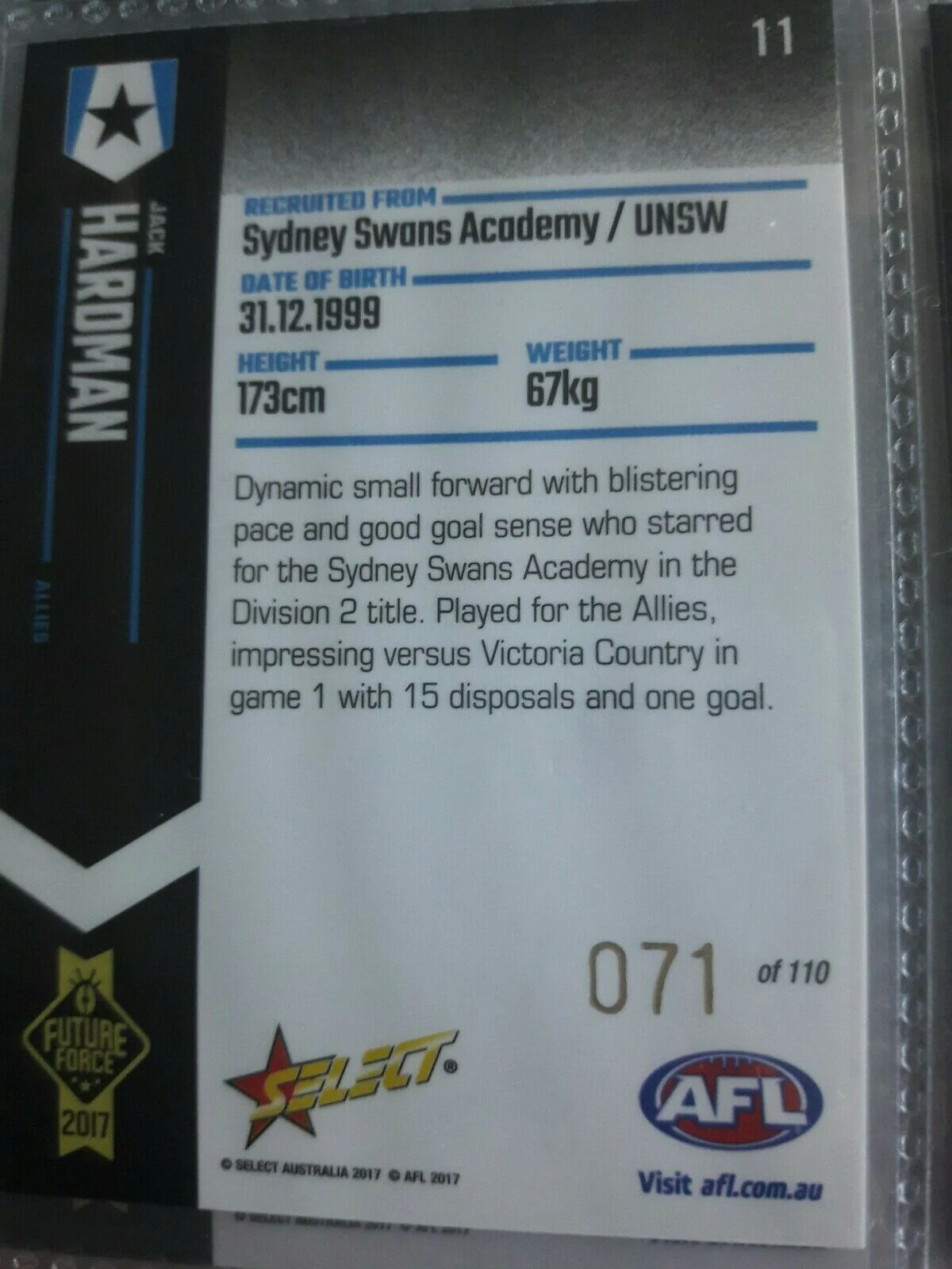 2017 FUTURE FORCE CARD NO.11 JACK HARDMAN #71/110 - Image 2