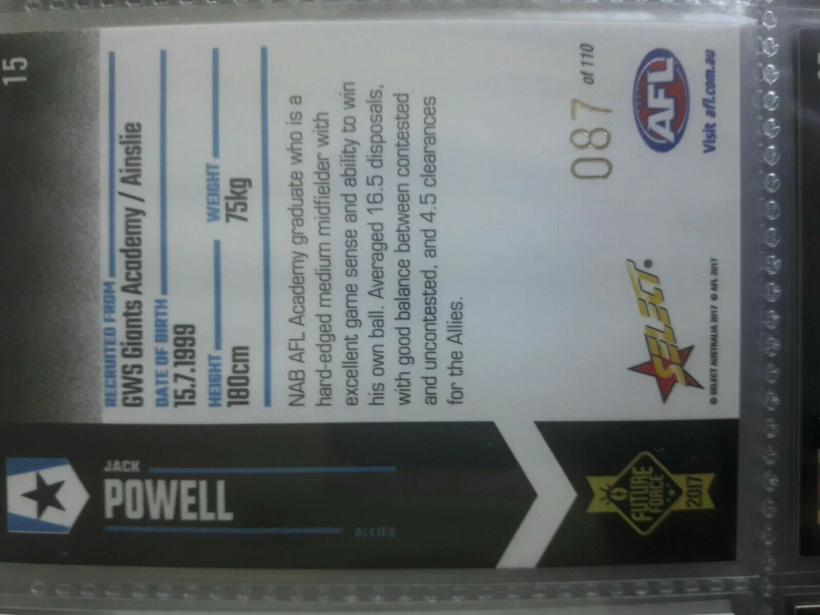 2017 Future Force GWS GIANTS JACK POWELL # 87/110 ROOKIE CARD AFL - Image 2