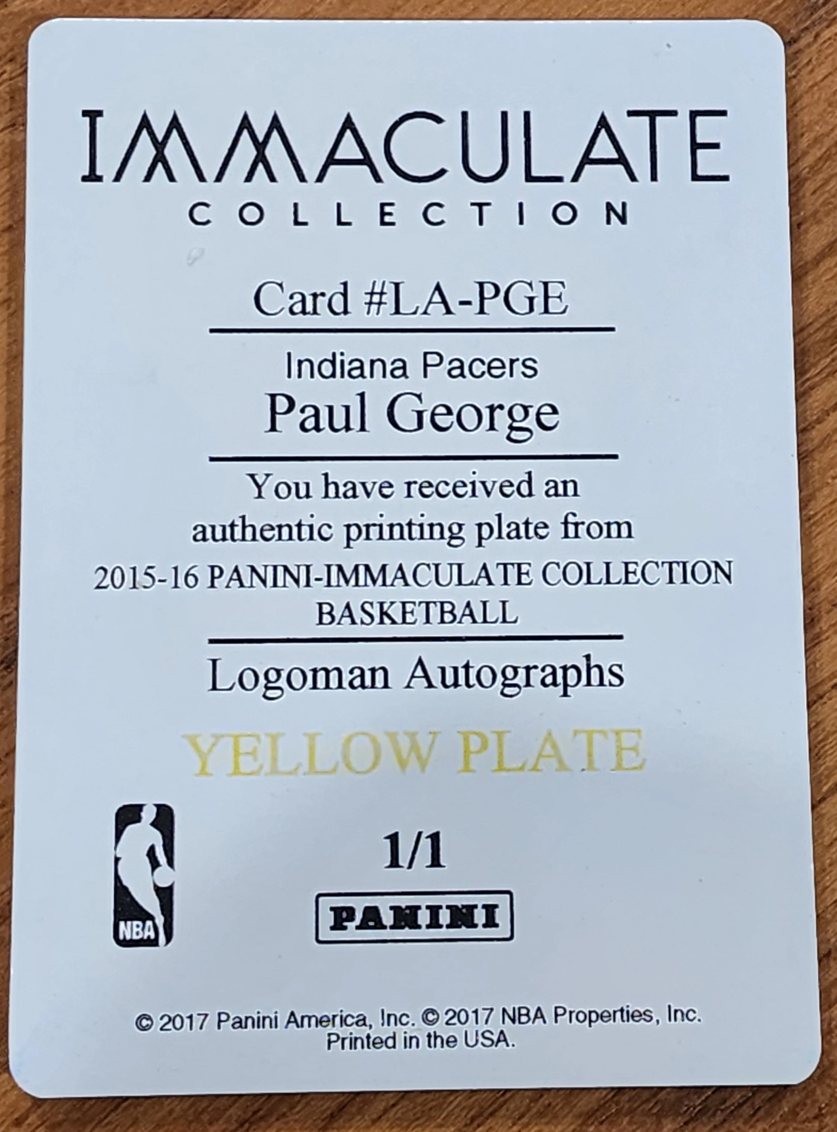 2017 Panini NBA Immaculate Collection Paul George Indiana Pacers Authentic Printing Plate      LA - PGE - Image 2
