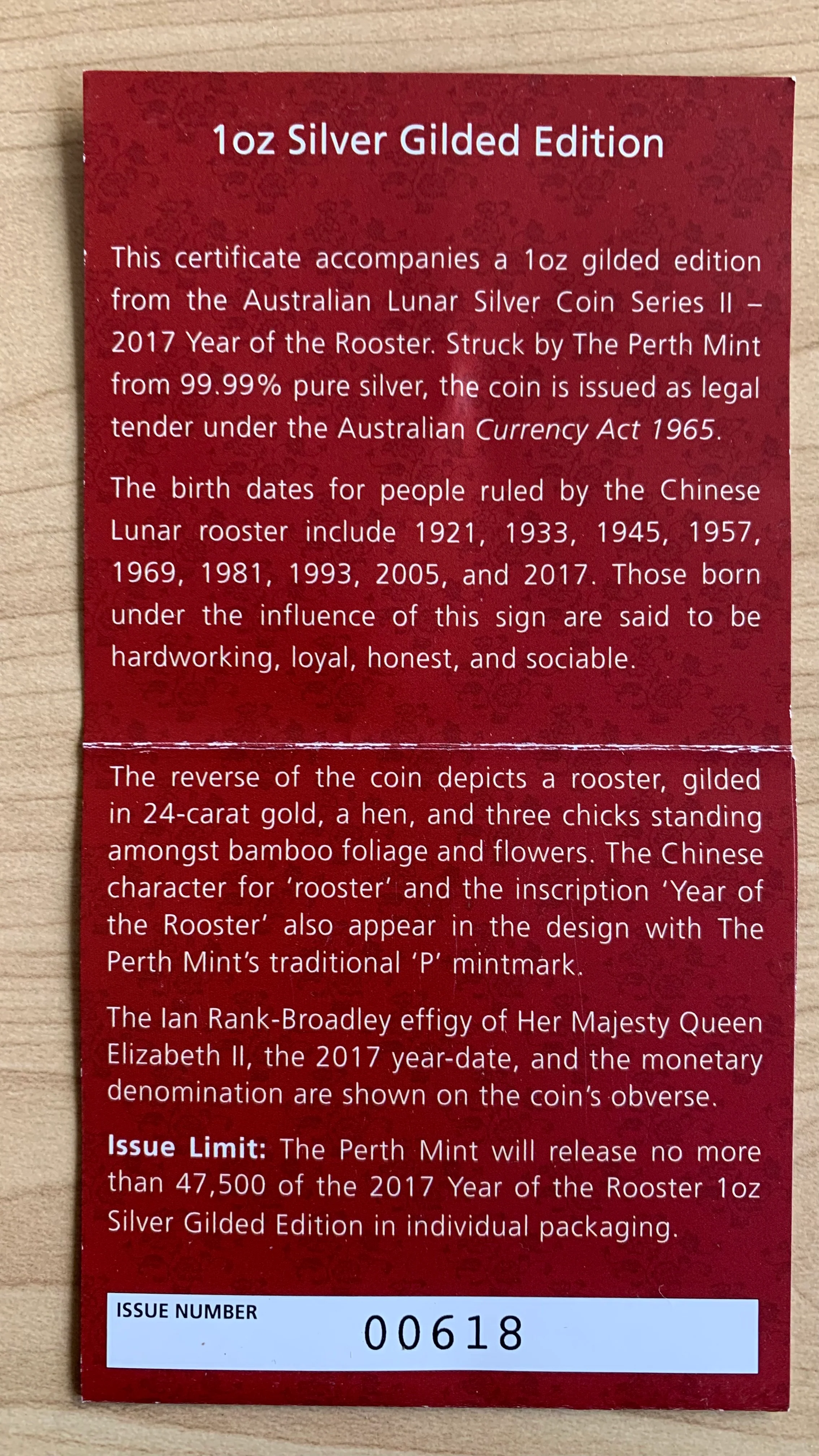Australia 2017 Perth Mint Year of the Rooster Lunar Series II 1oz .999 Silver Proof Coin - Image 2