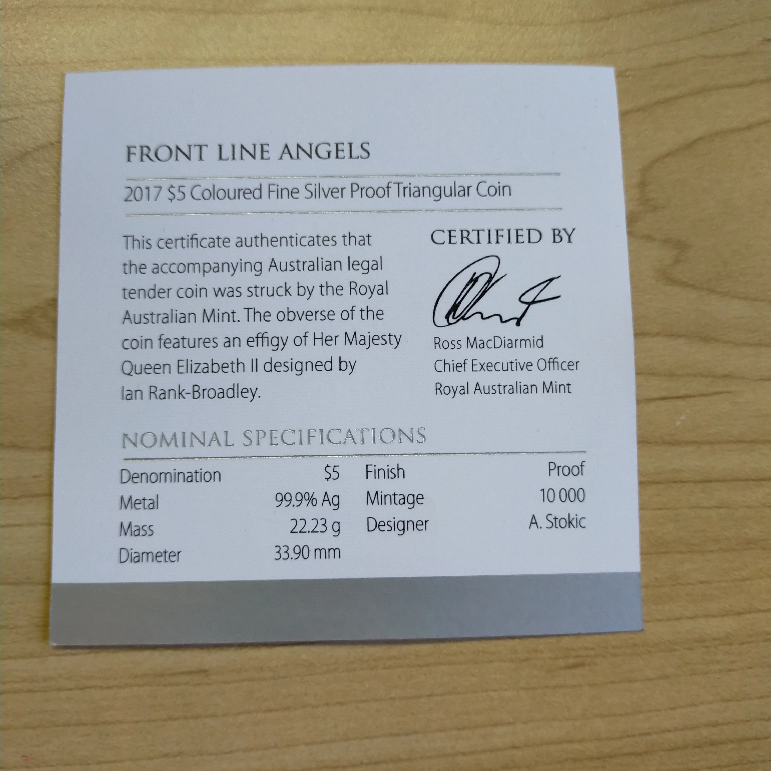 2017 Royal Australian Mint $5 Front Line Angels Nurses Silver Proof Triangular Coin - Image 4