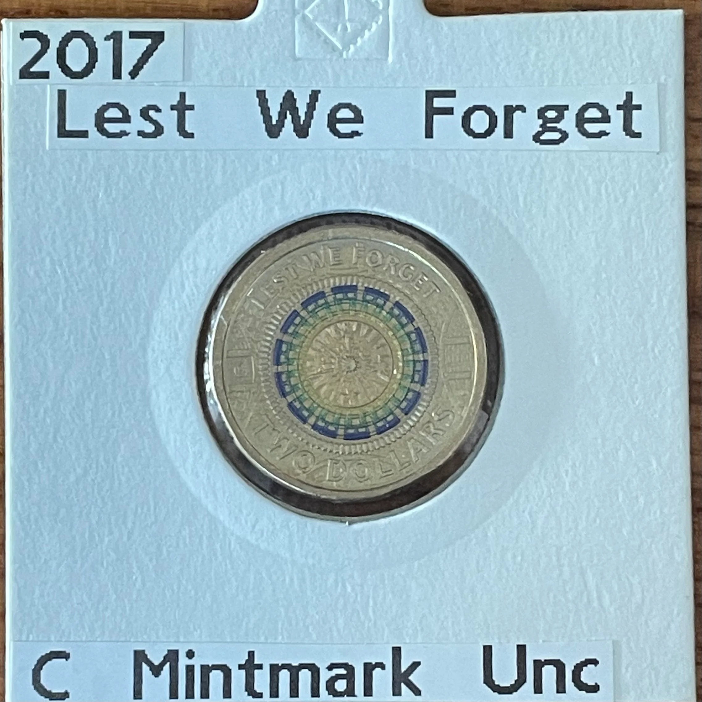 2017 Royal Australian Mint $2 Coloured Lest We Forget "C" Mintmark Uncirculated Coin