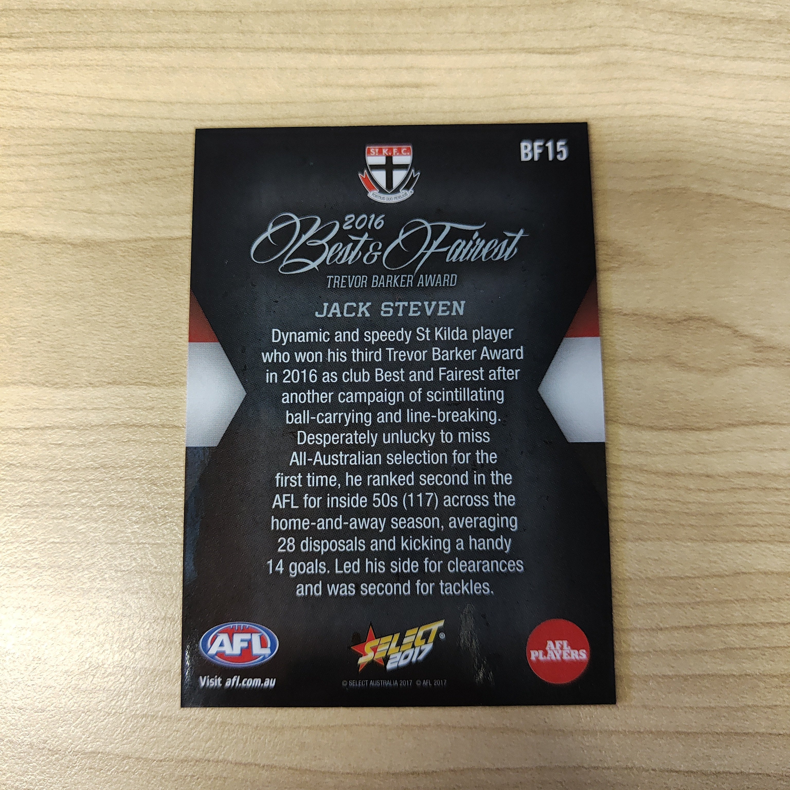 2017 Select AFL Best & Fairest Card Jack Steven St Kilda - Image 2