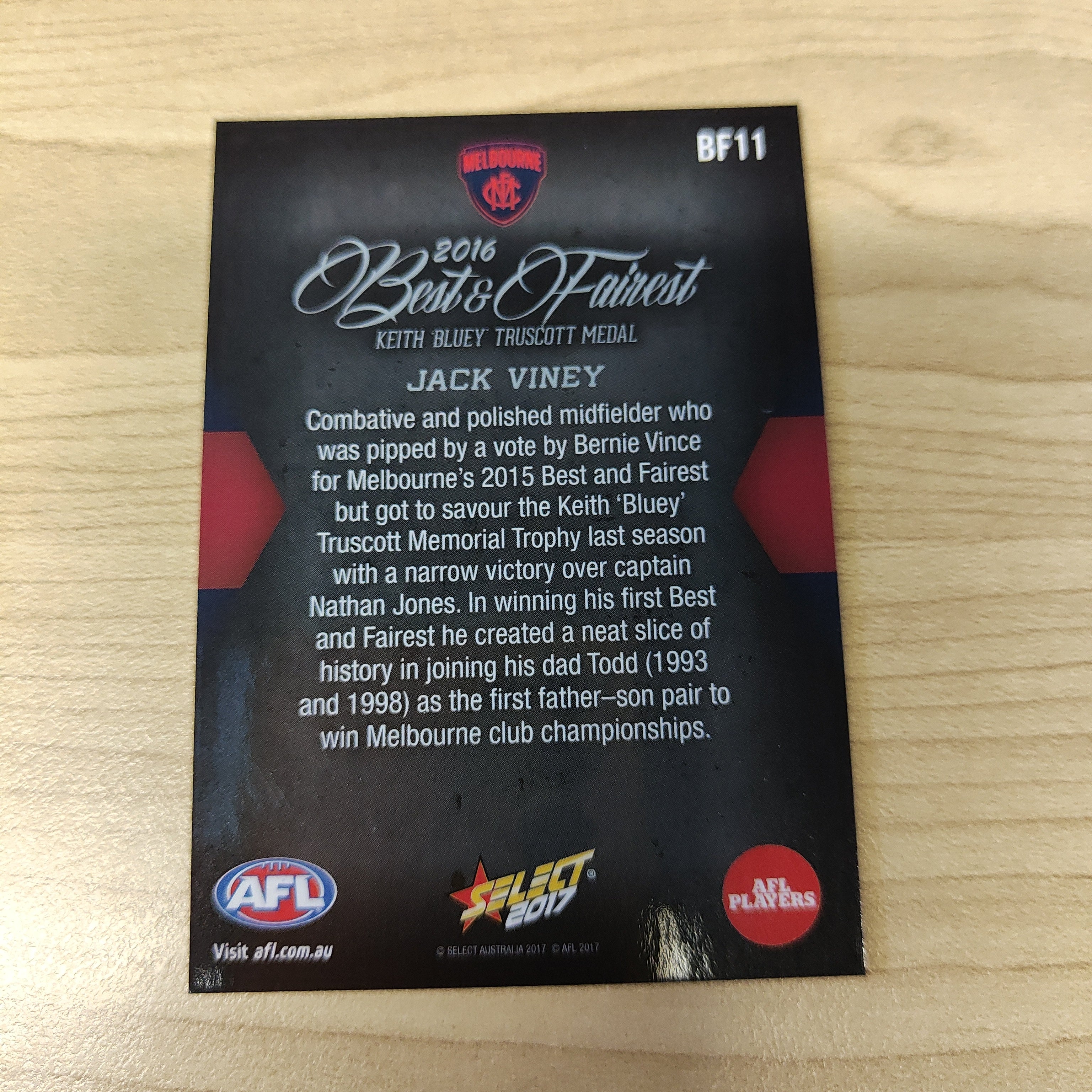 2017 Select AFL Best & Fairest Card Jack Viney Melbourne - Image 2