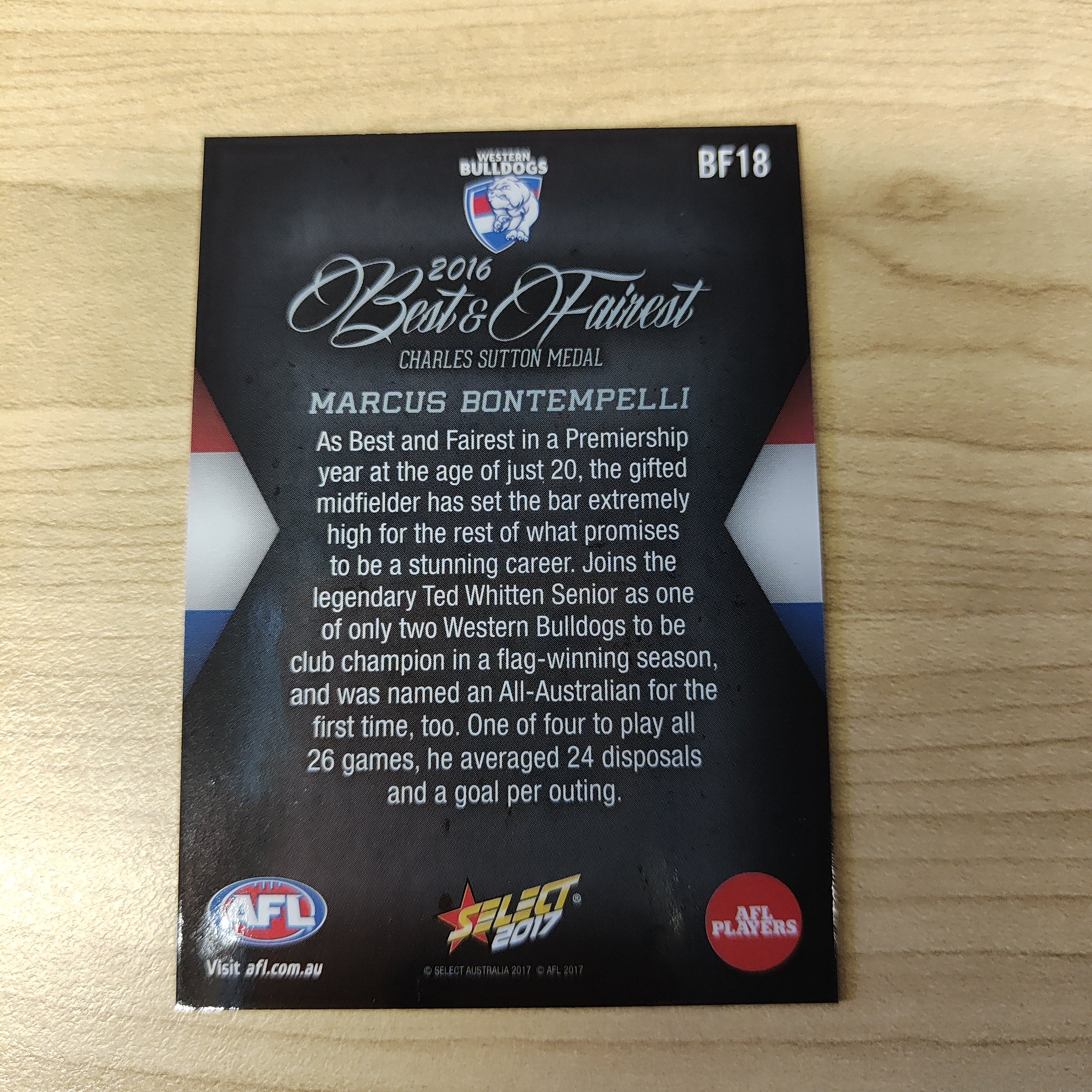 2017 Select AFL Best & Fairest Card Marcus Bontempelli Western Bulldogs - Image 2