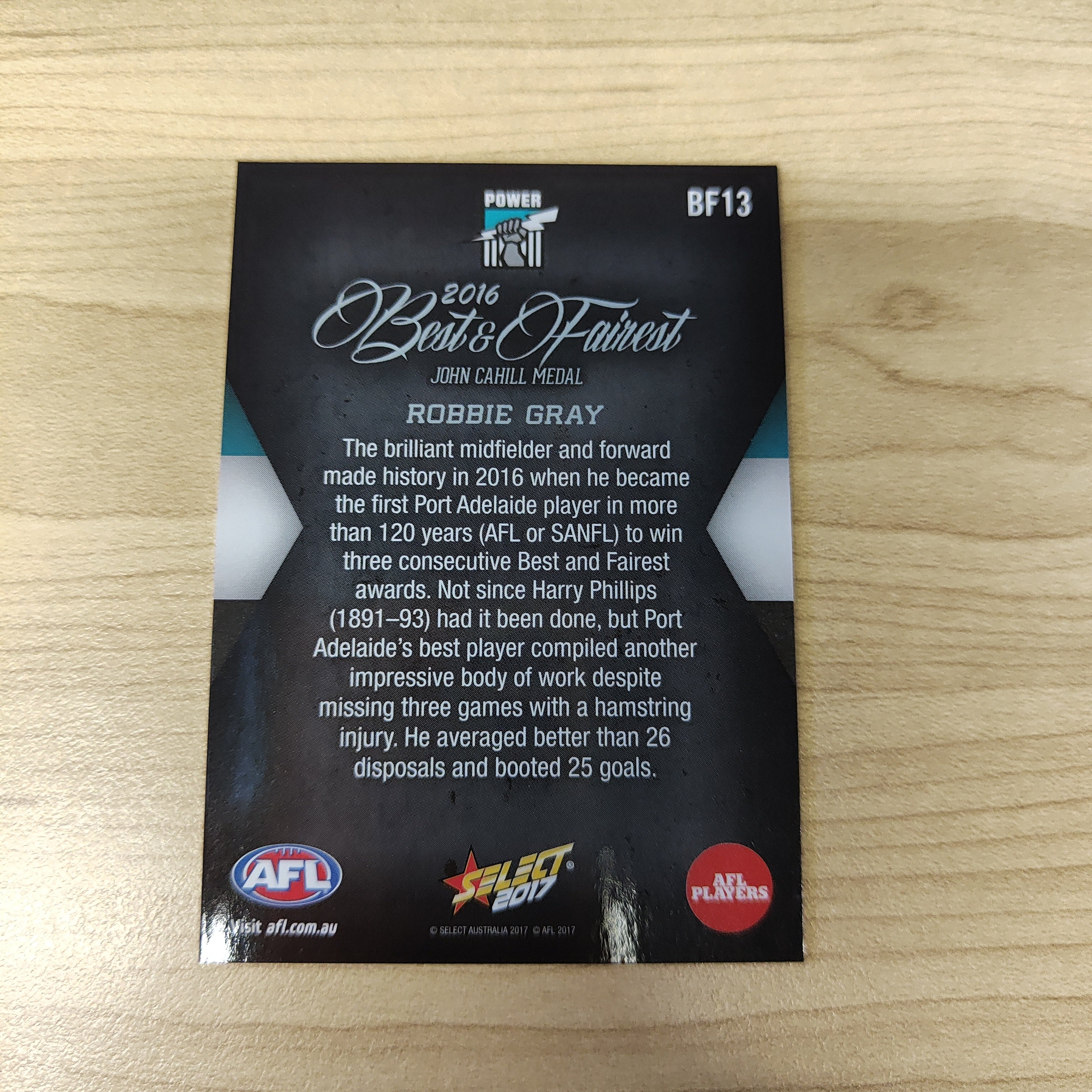 2017 Select AFL Best & Fairest Card Robbie Gray Port Adelaide - Image 2