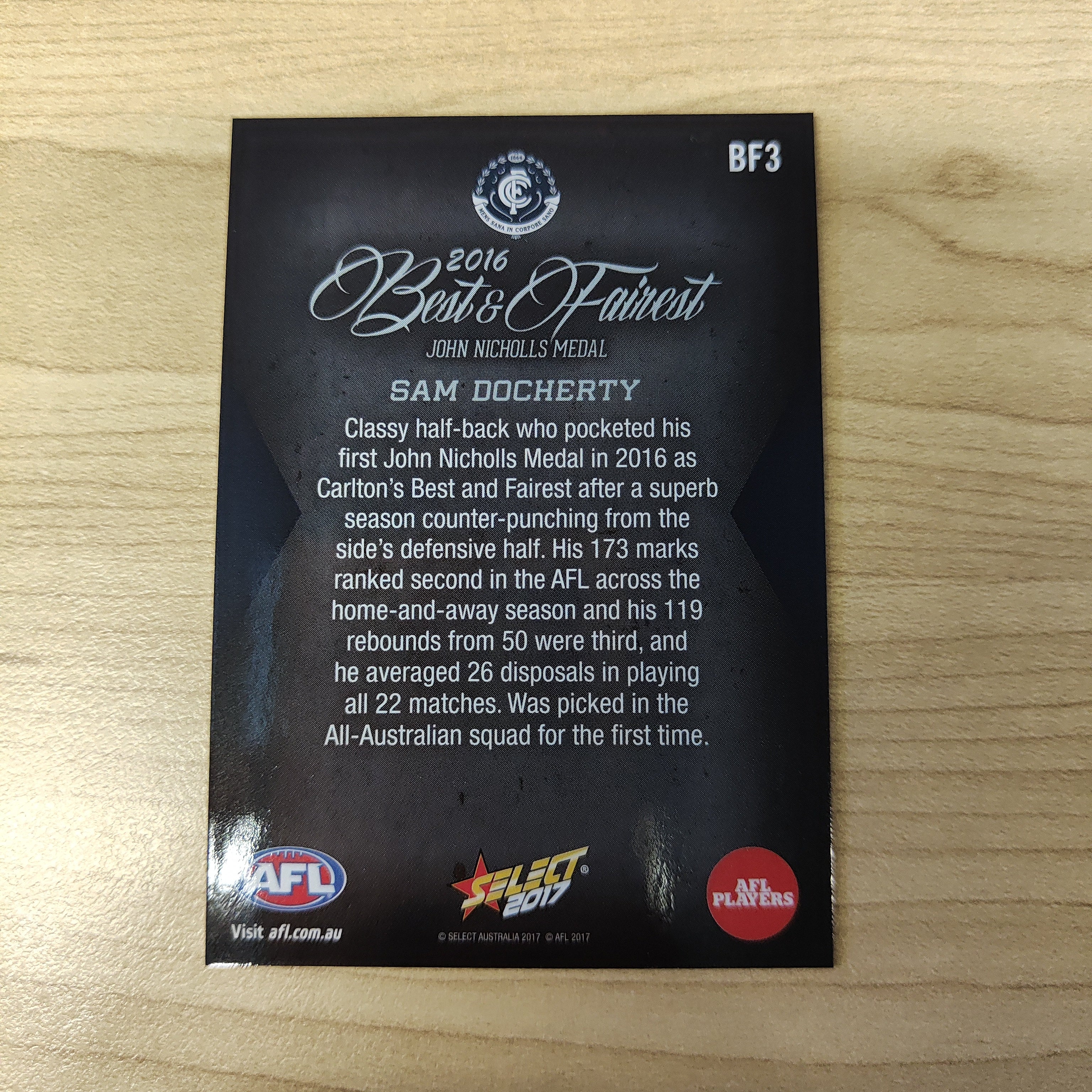 2017 Select AFL Best & Fairest Card Sam Docherty Carlton - Image 2