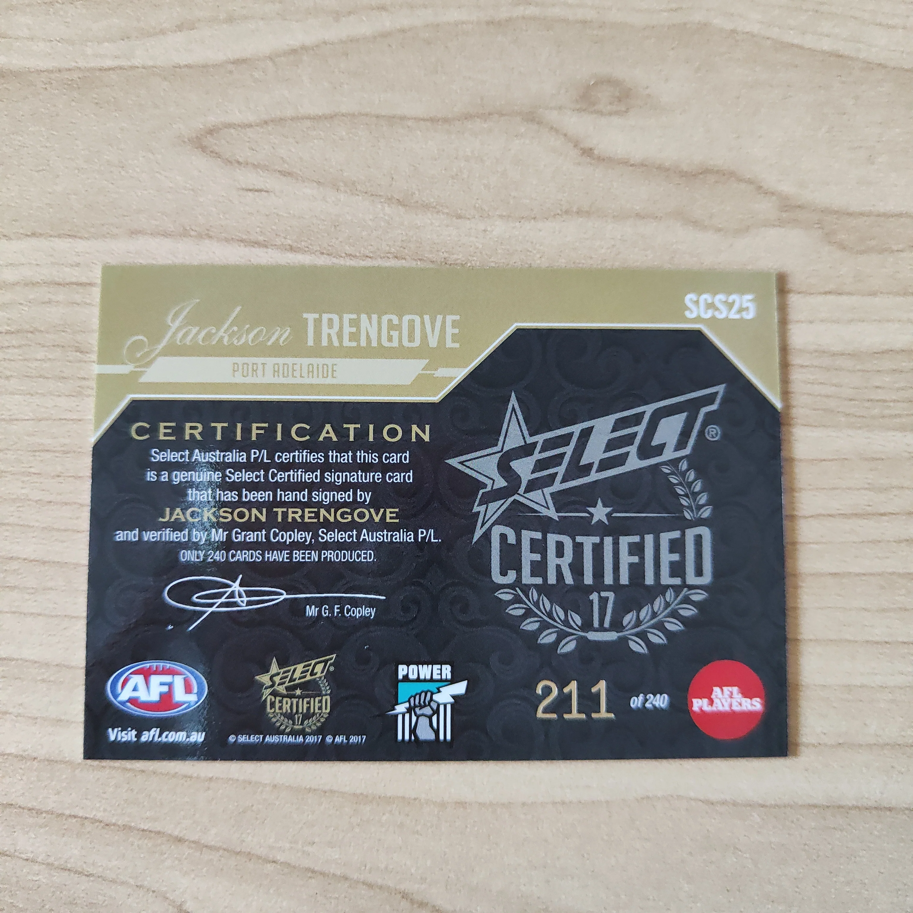2017 Select Certified Signature Jackson Trengove Port Adelaide No.211/240 - Image 2