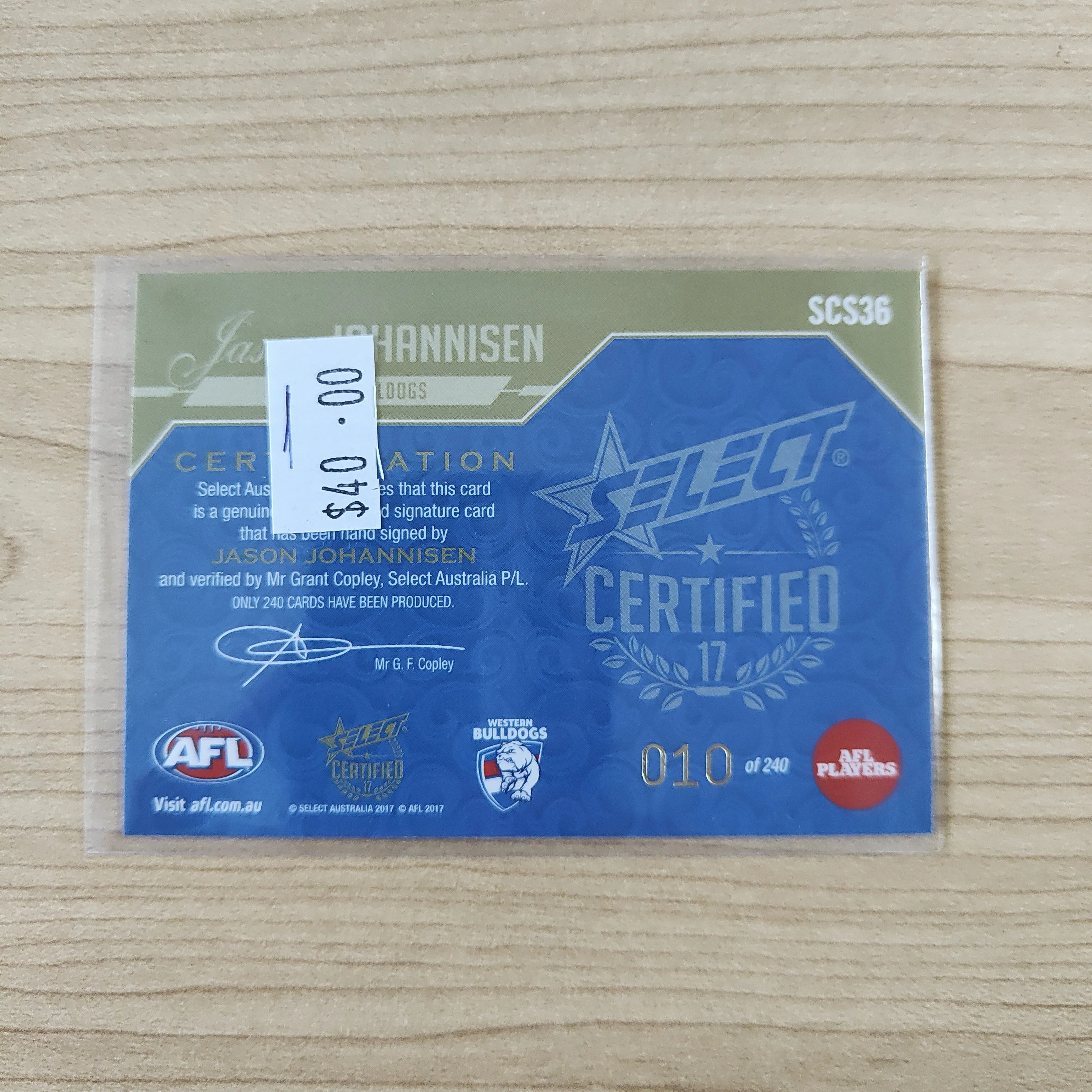 2017 Select Certified Signature Jason Johannisen Western Bulldogs No.010/240 - Image 2