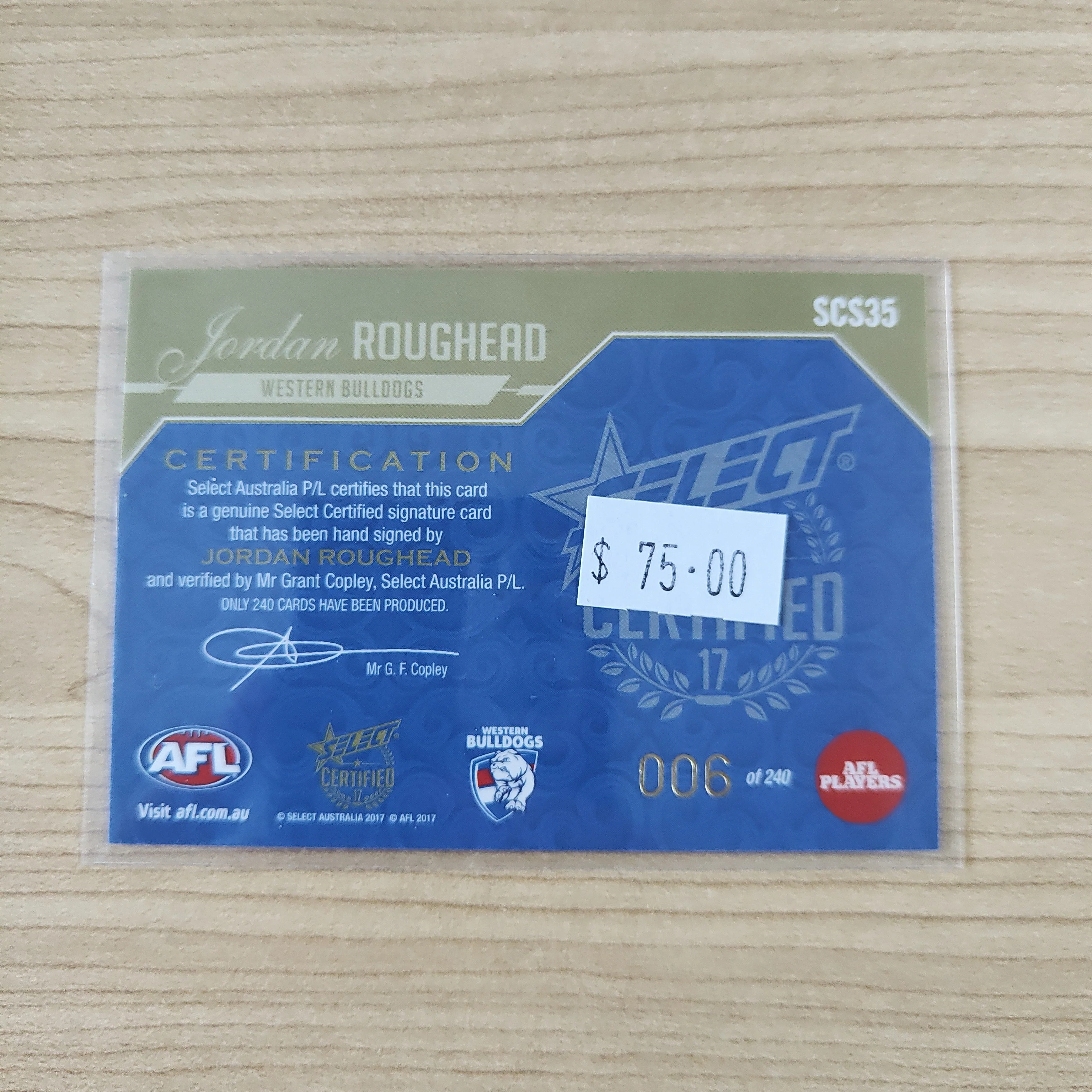 2017 Select Certified Signature Jordan Roughead Western Bulldogs No.006/240 - Image 2