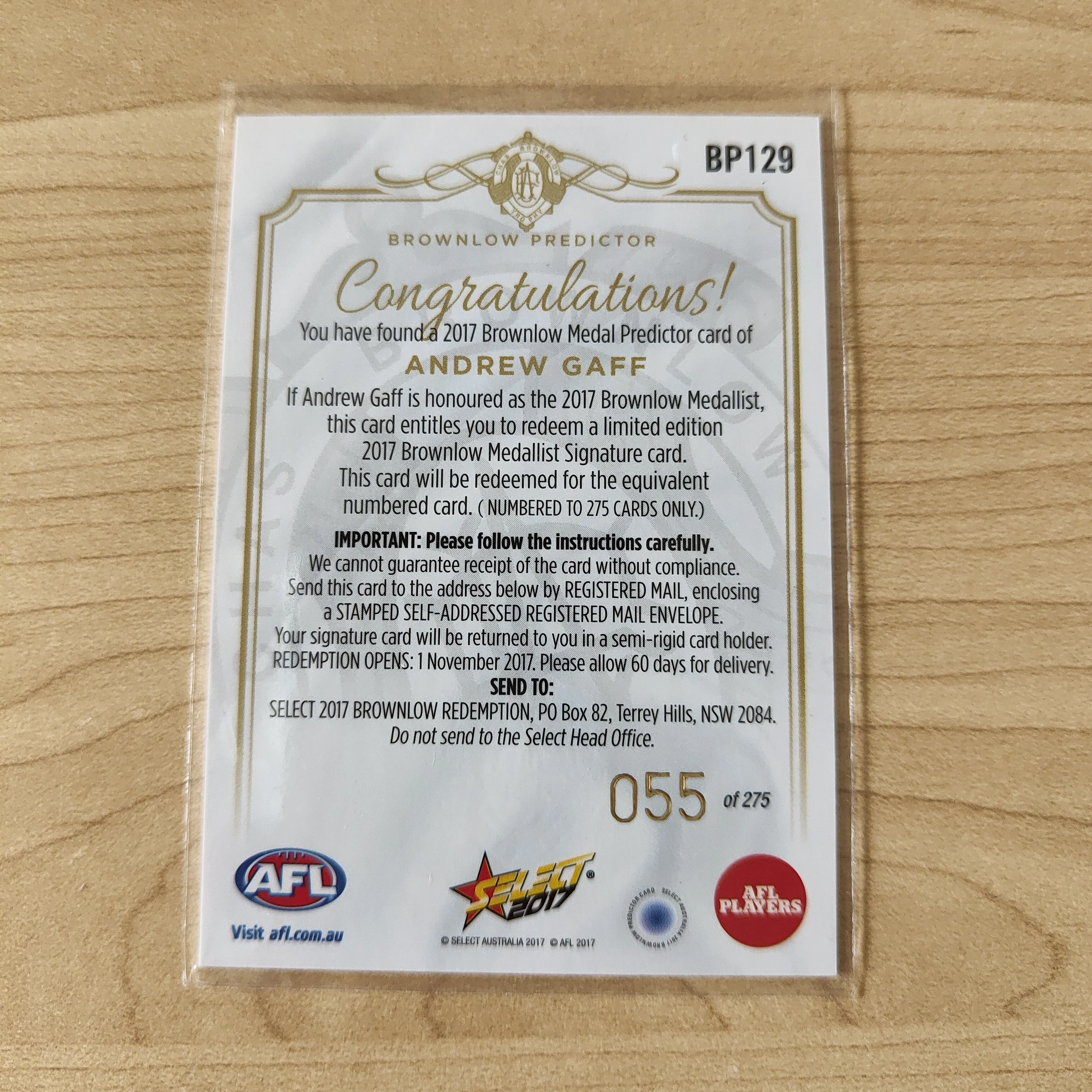 2017 Select Footy Stars Brownlow Predictor Andrew Gaff West Coast 055/275 - Image 2