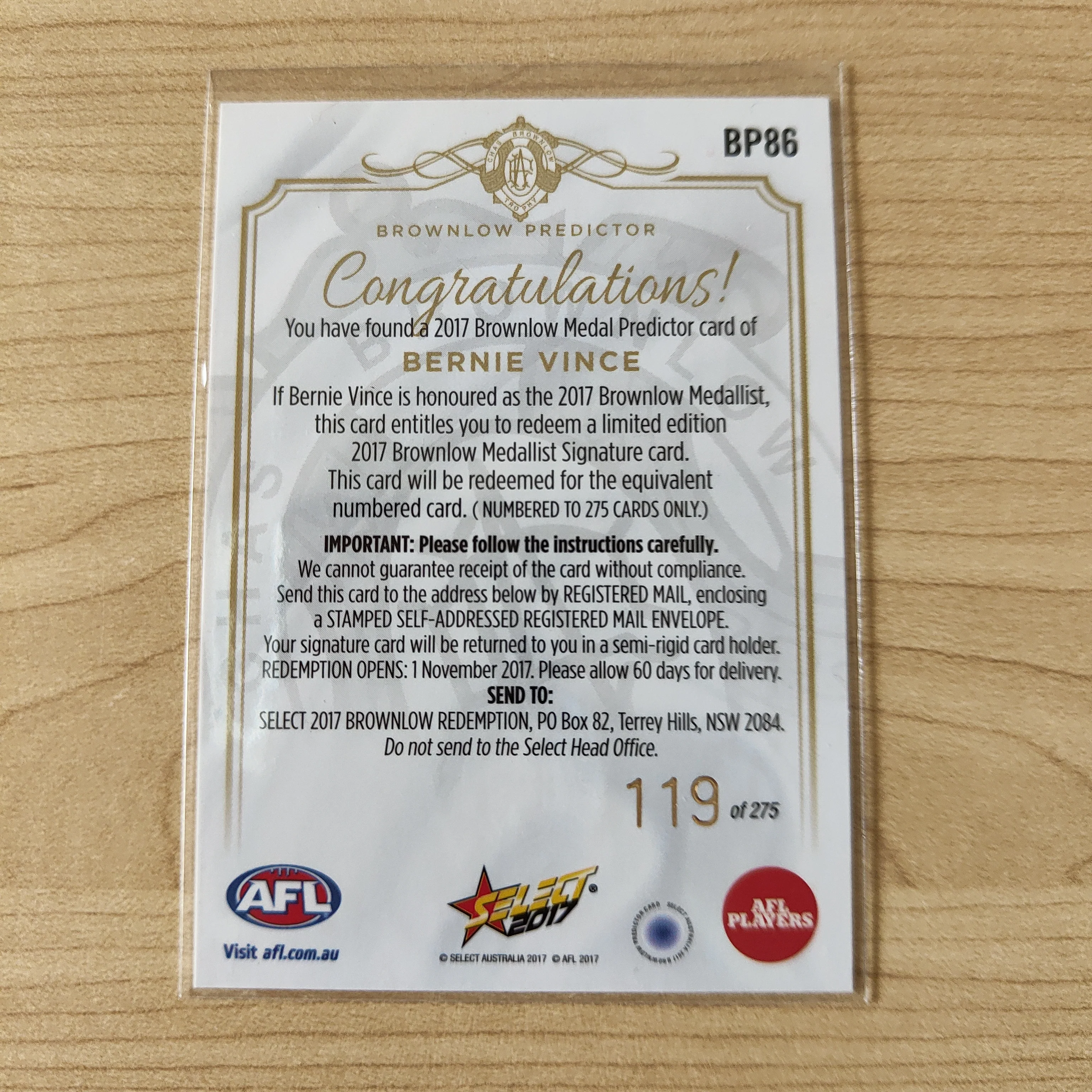 2017 Select Footy Stars Brownlow Predictor Bernie Vince Melbourne 119/275 - Image 2