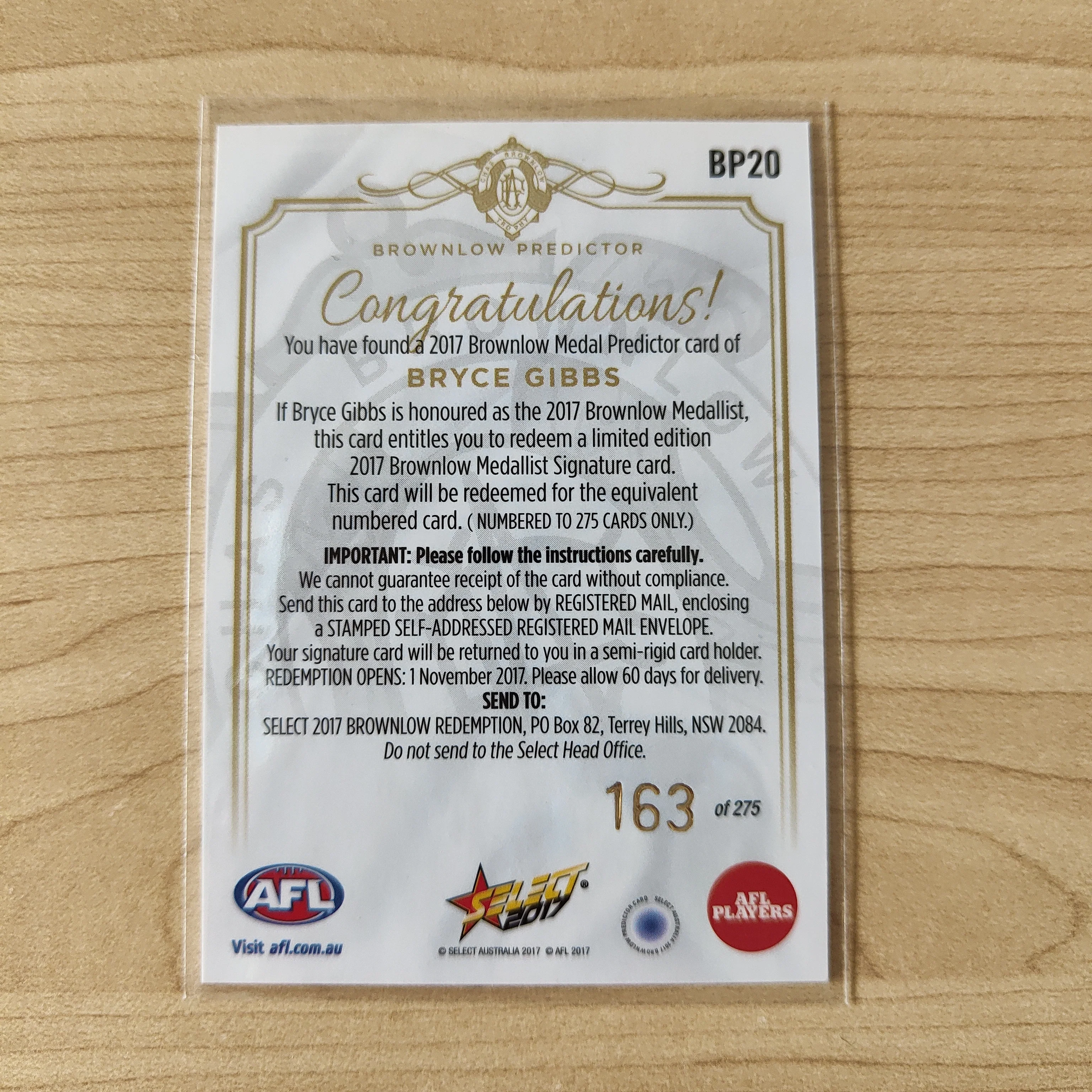 2017 Select Footy Stars Brownlow Predictor Bryce Gibbs Carlton 163/275 - Image 2