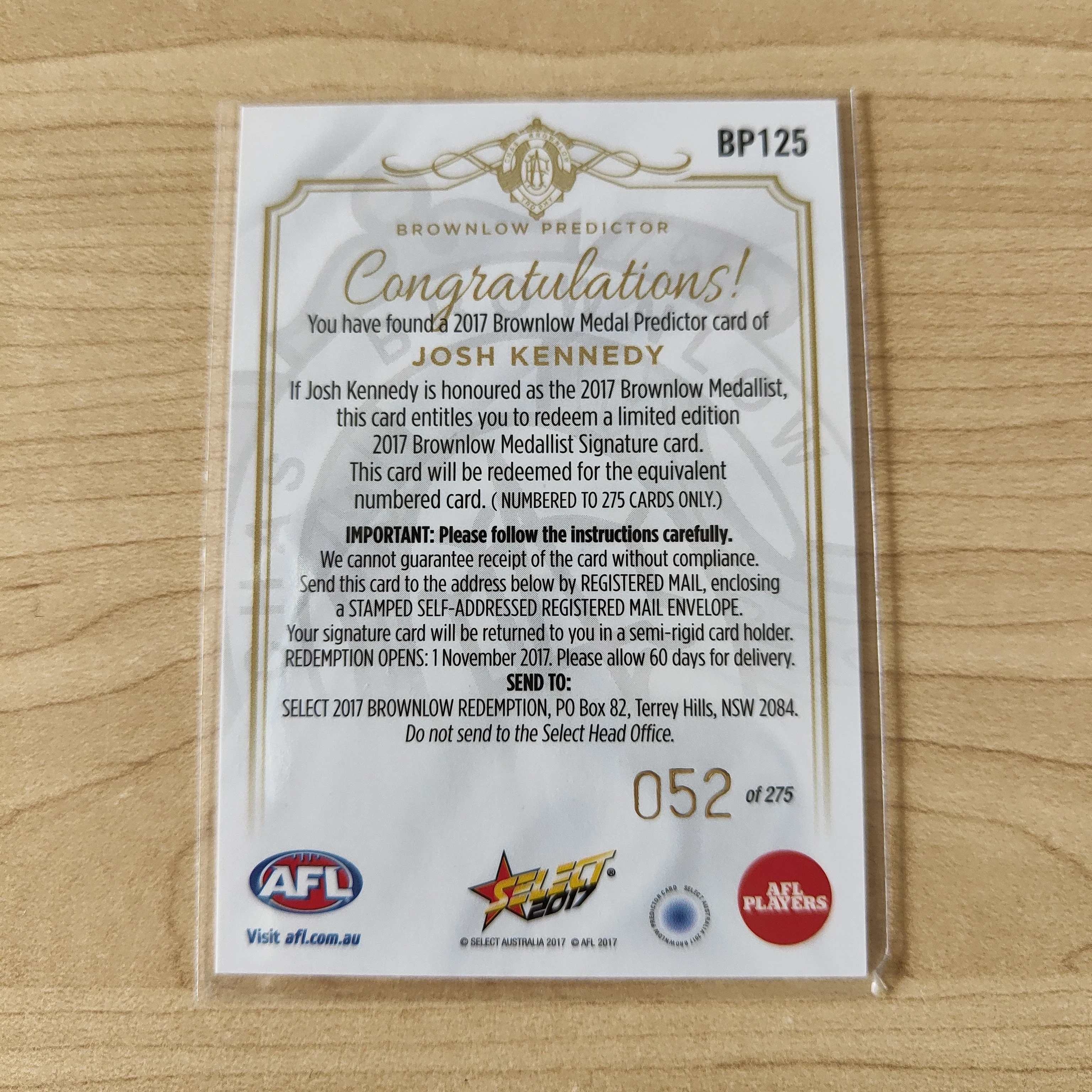 2017 Select Footy Stars Brownlow Predictor Josh Kennedy Sydney 052/275 - Image 2