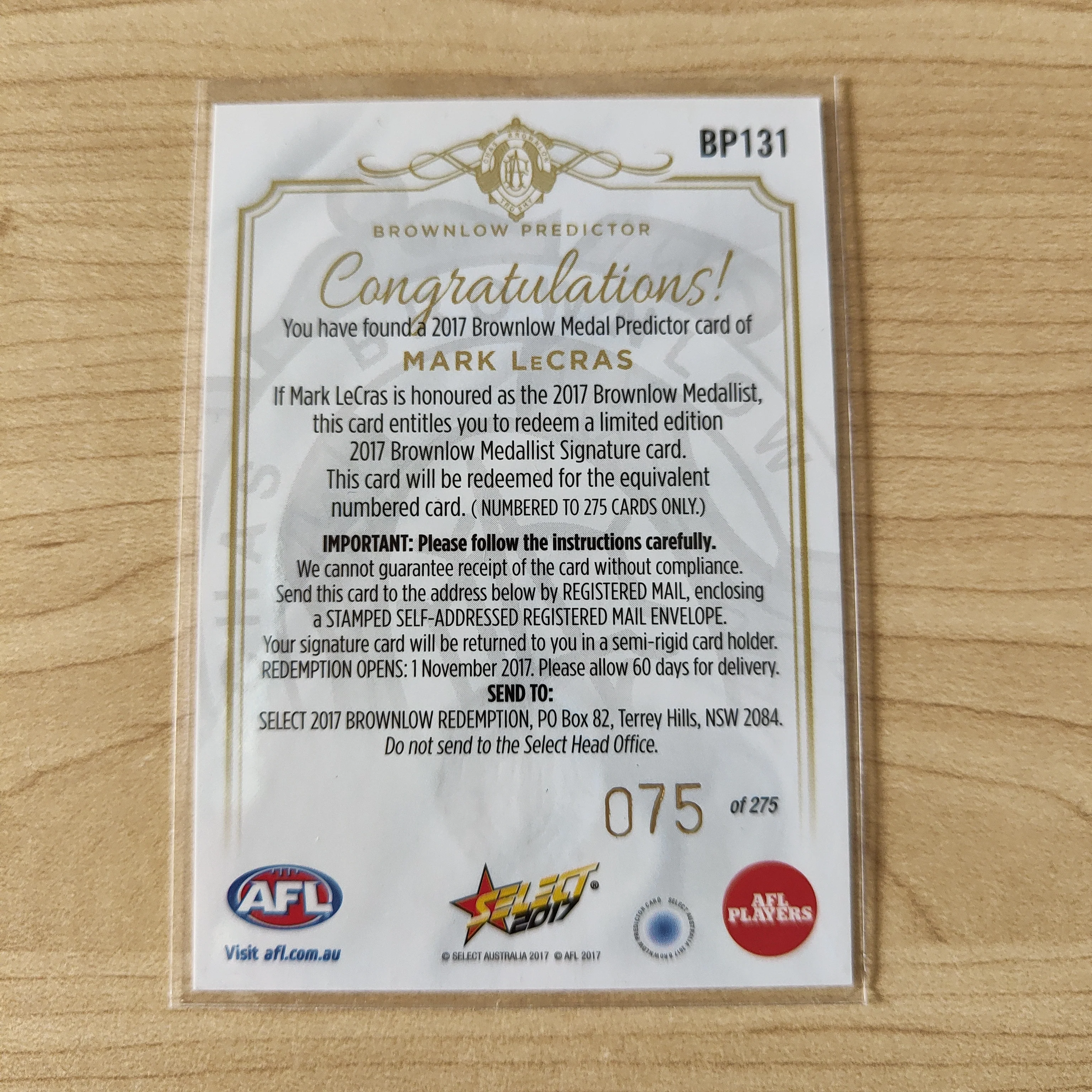 2017 Select Footy Stars Brownlow Predictor Mark LeCras West Coast 075/275 - Image 2