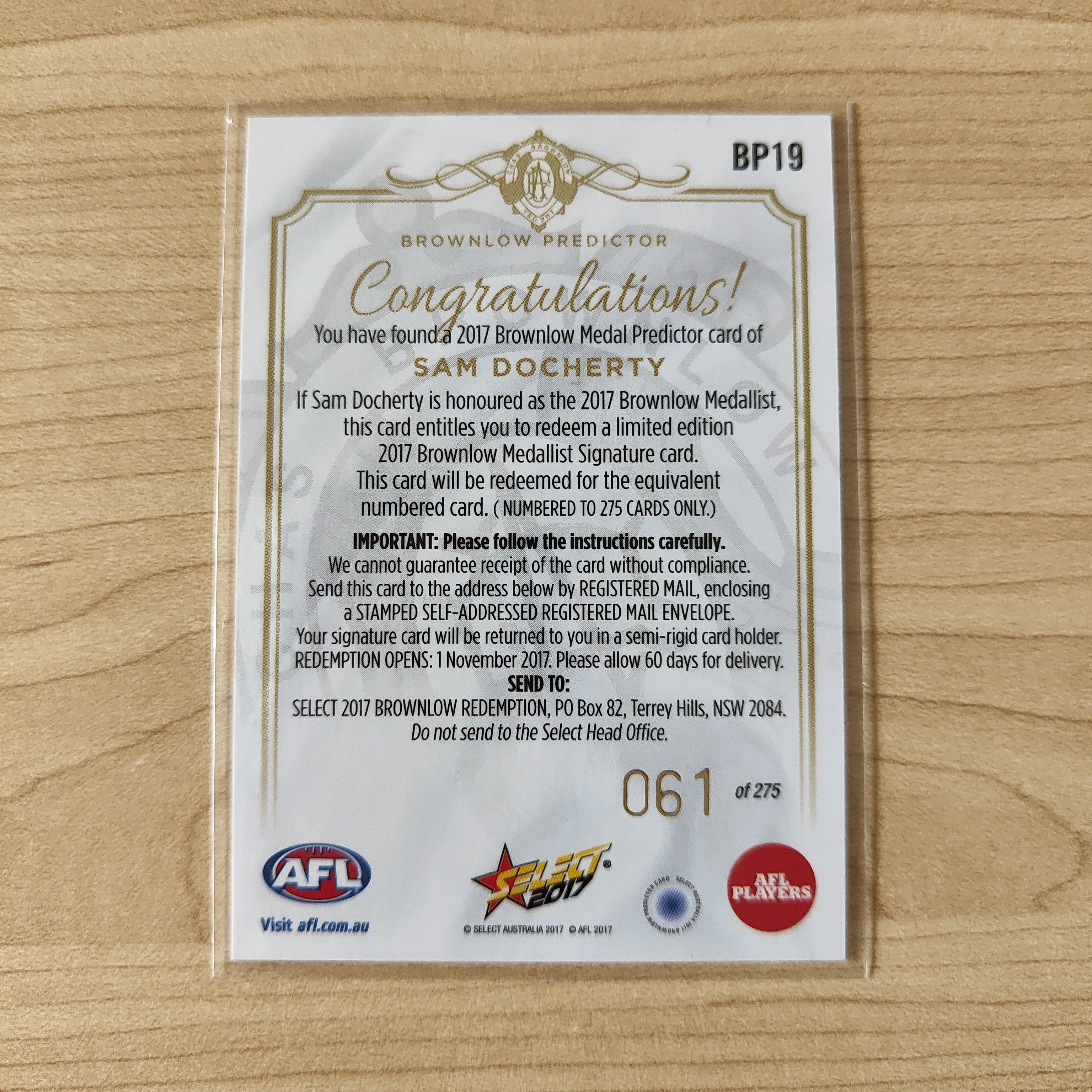 2017 Select Footy Stars Brownlow Predictor Sam Docherty Carlton 061/275 - Image 2