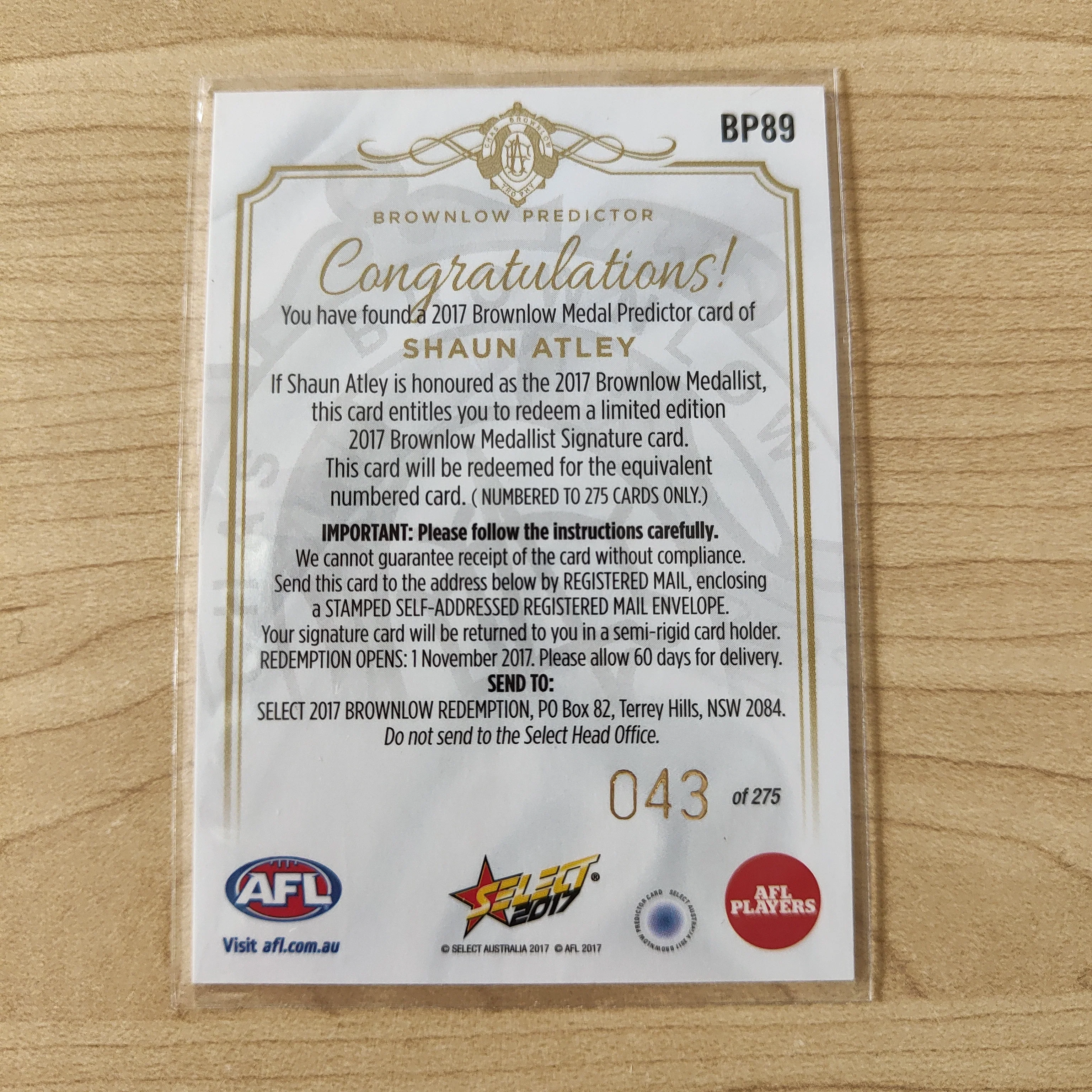2017 Select Footy Stars Brownlow Predictor Shaun Atley North Melbourne 043/275 - Image 2