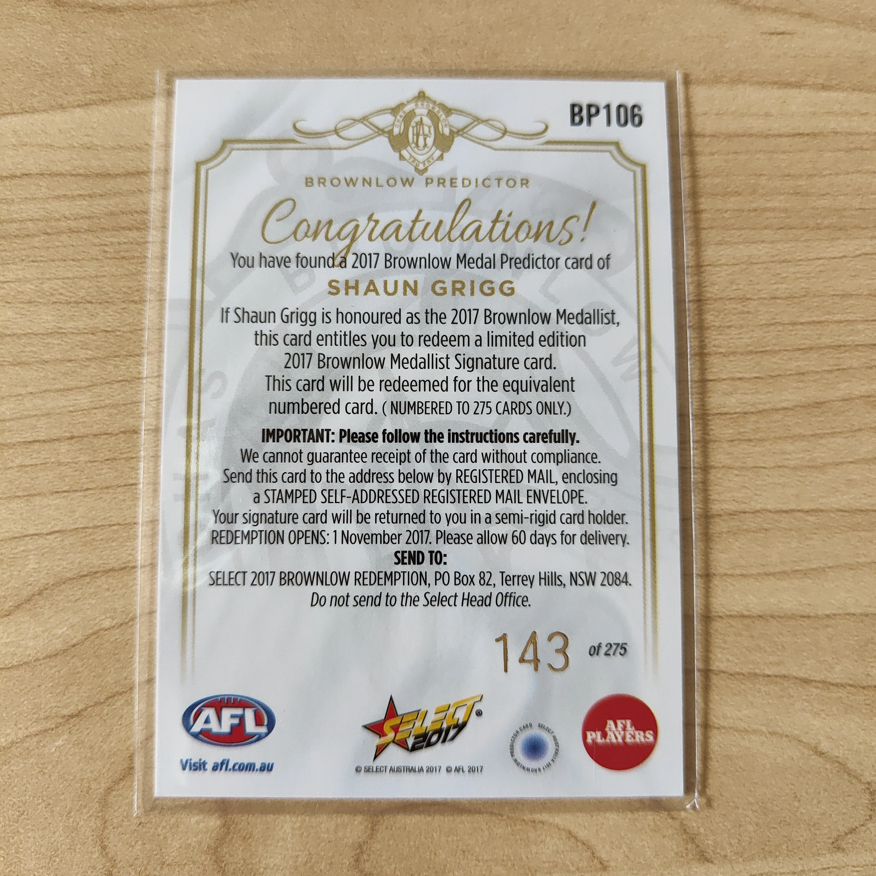 2017 Select Footy Stars Brownlow Predictor Shaun Grigg Richmond 143/275 - Image 2