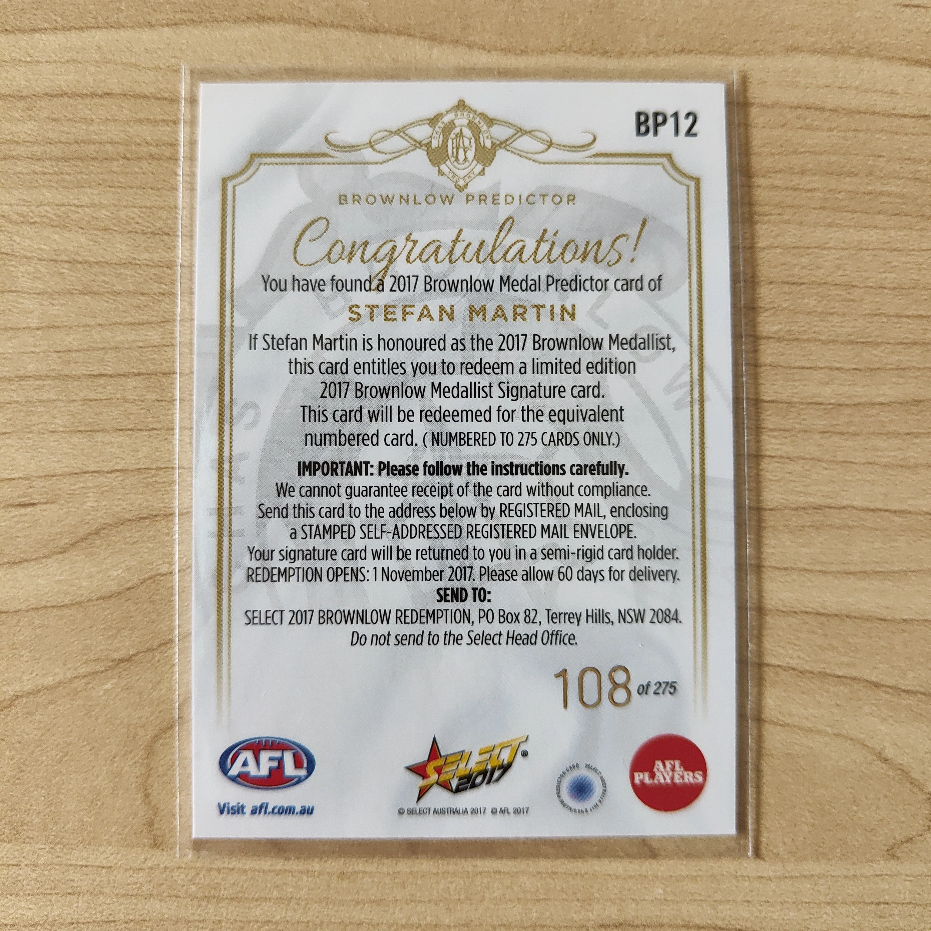2017 Select Footy Stars Brownlow Predictor Stefan Martin Brisbane 108/275 - Image 2