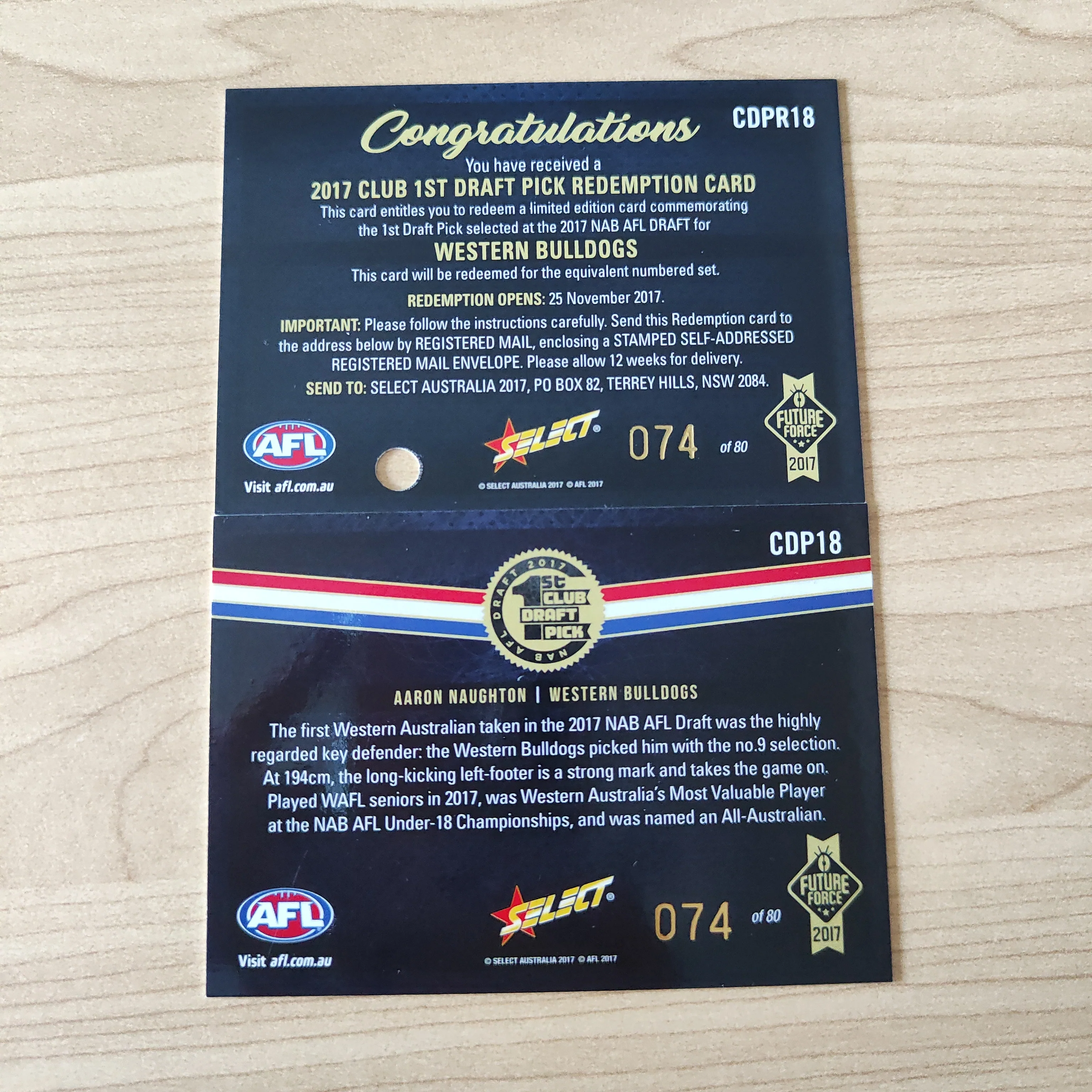 2017 Select Future Force 1st Club Draft Pick Aaron Naughton Western Bulldogs Redemption Card - Image 2