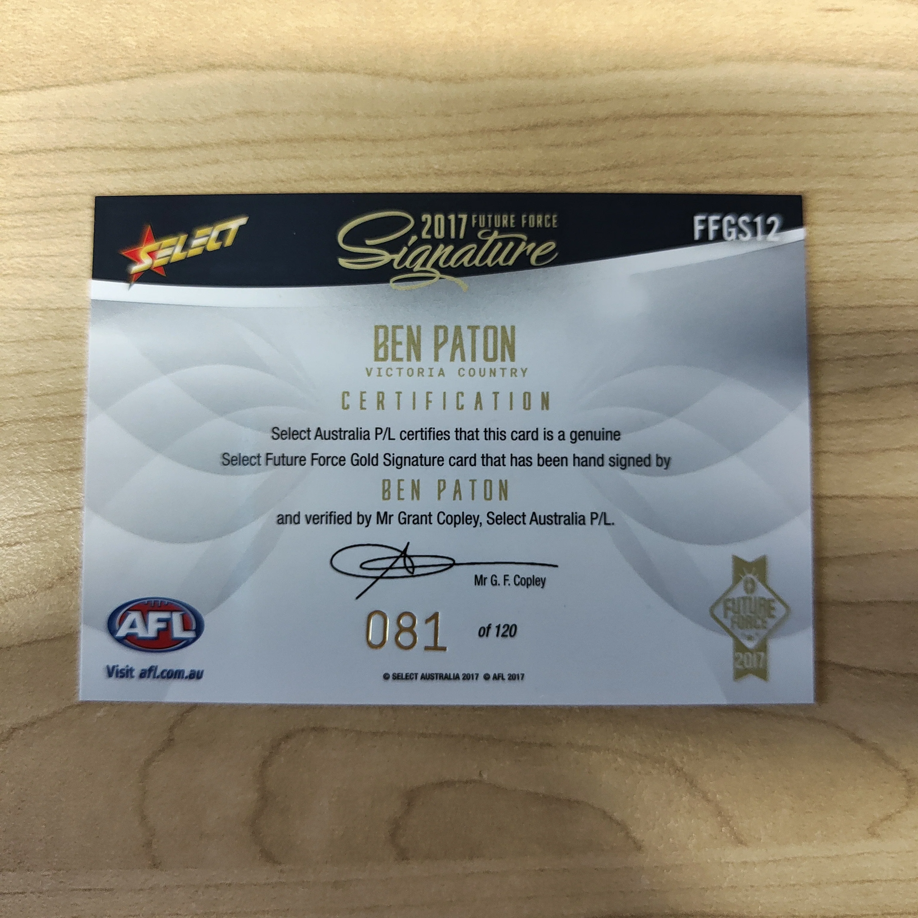 2017 Select Future Force Gold Signature Ben Paton No.081/120 - Image 2