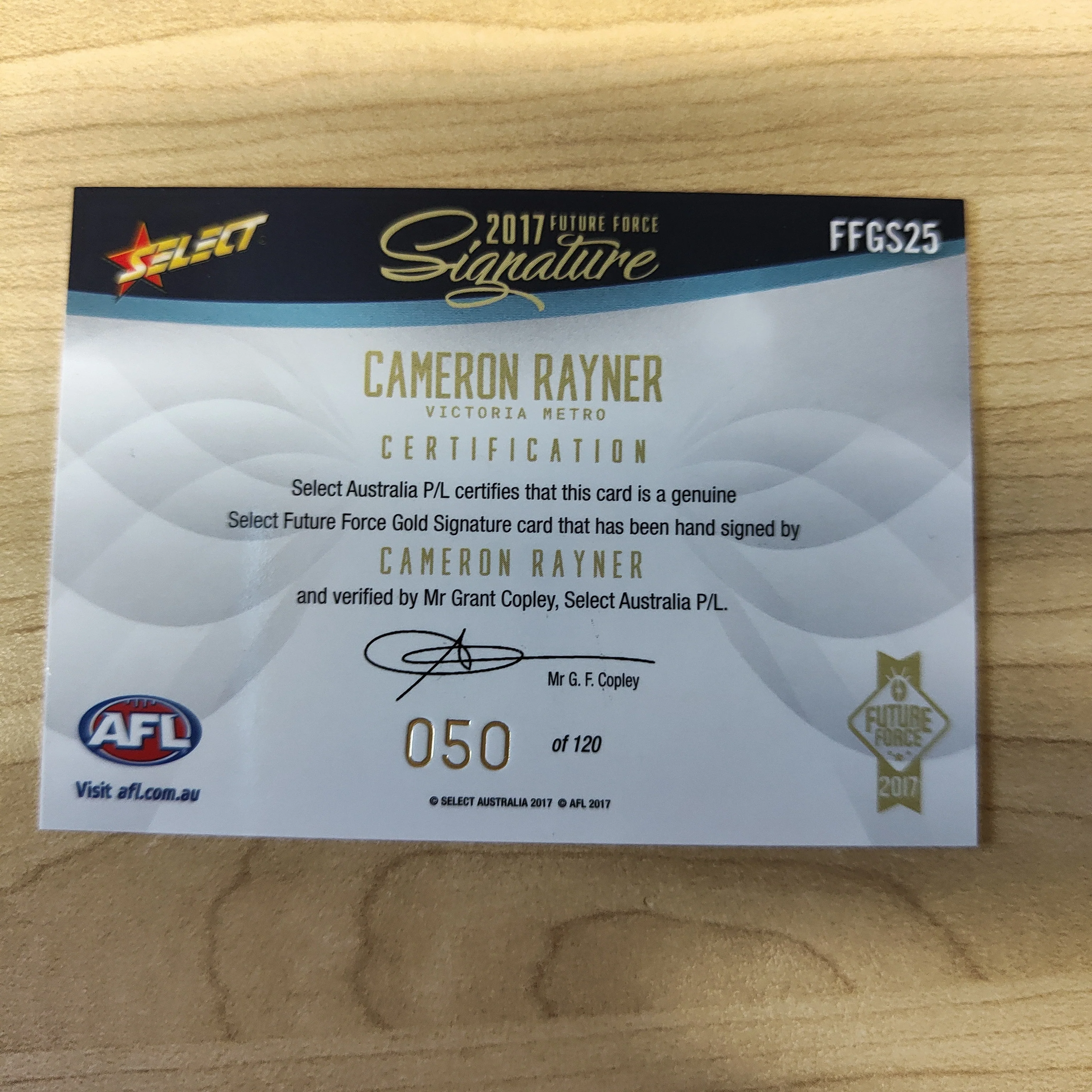 2017 Select Future Force Gold Signature Cameron Rayner No.050/120 - Image 2