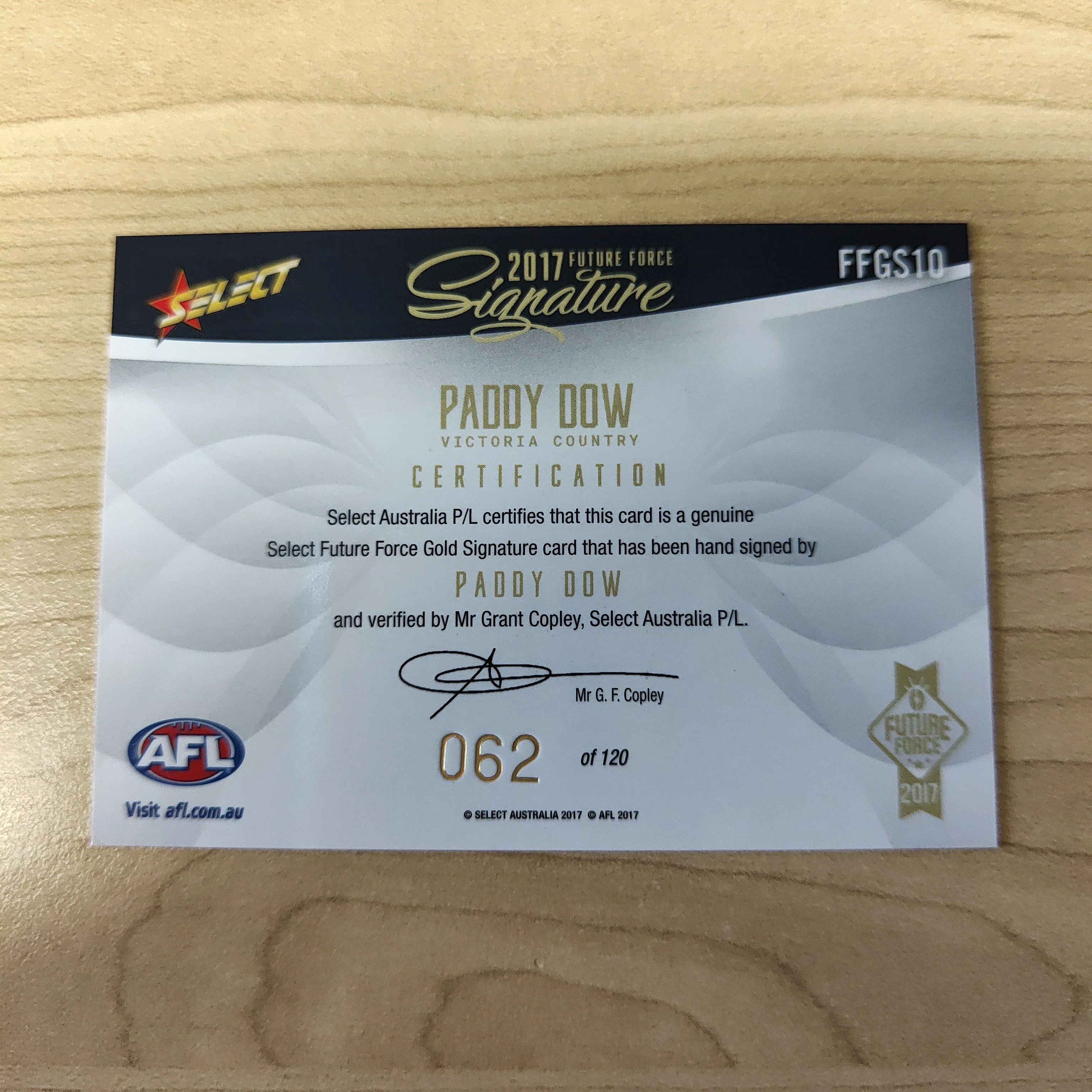 2017 Select Future Force Gold Signature Paddy Dow No.062/120 - Image 2