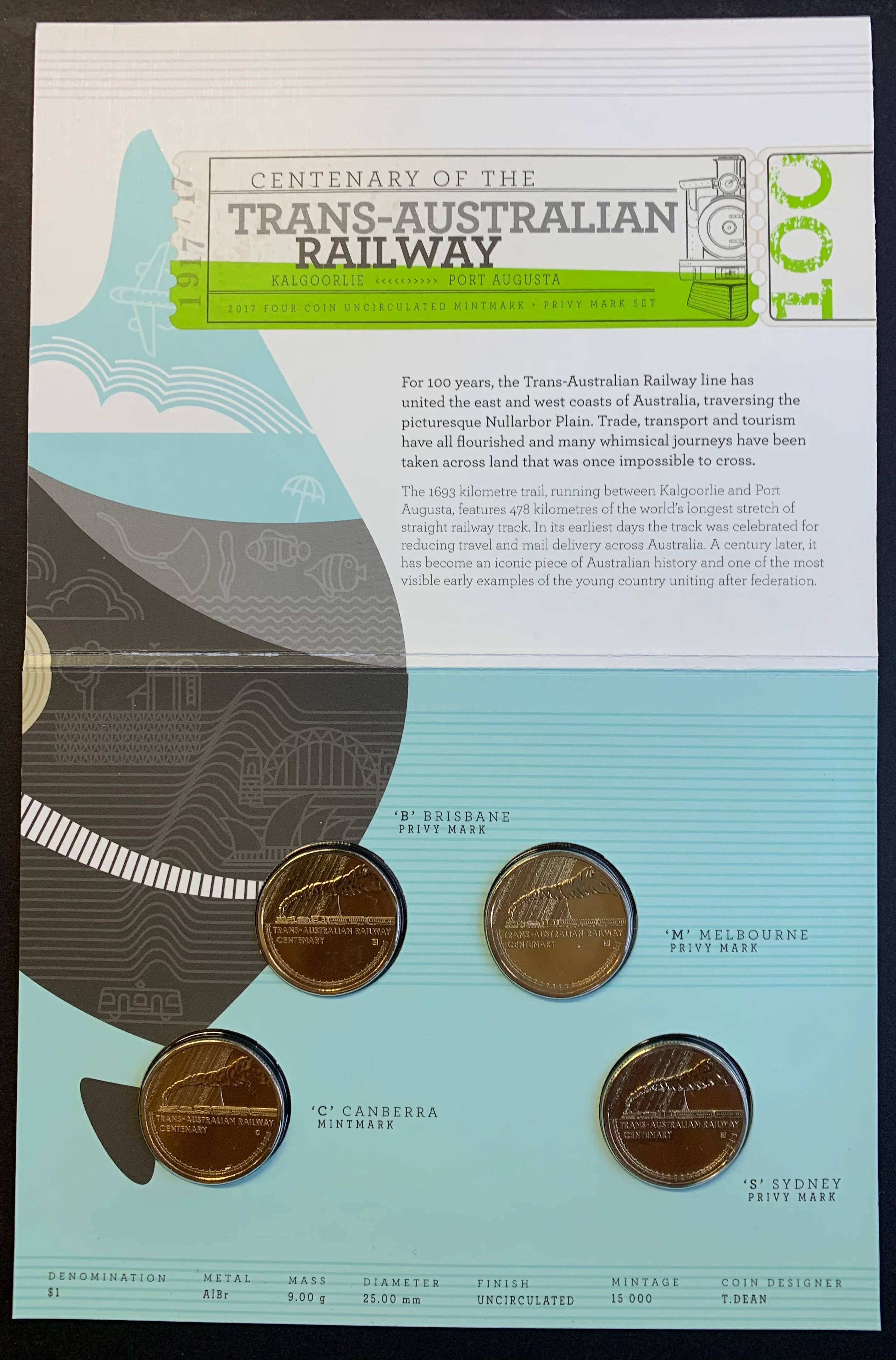 Australia 2017 Royal Australian Mint  $1 Trans-Australian Railway Dollar Coin Uncirculated Privy Mark Set of  4 - Image 2