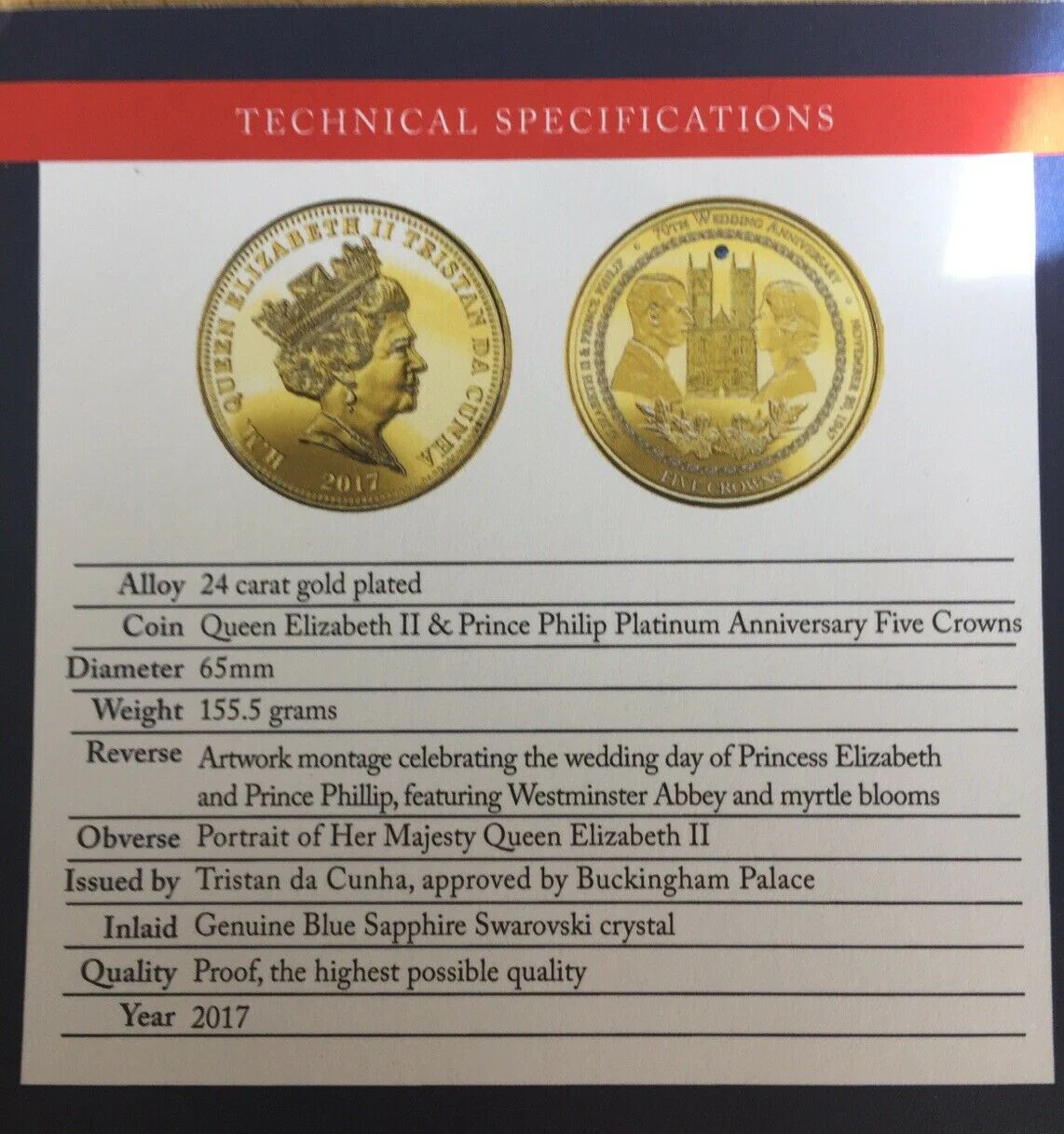 Tristan Da Cuhna 2017 5 Crowns Queen Elizabeth & Prince Philip Anniversary Proof Coin - Image 5