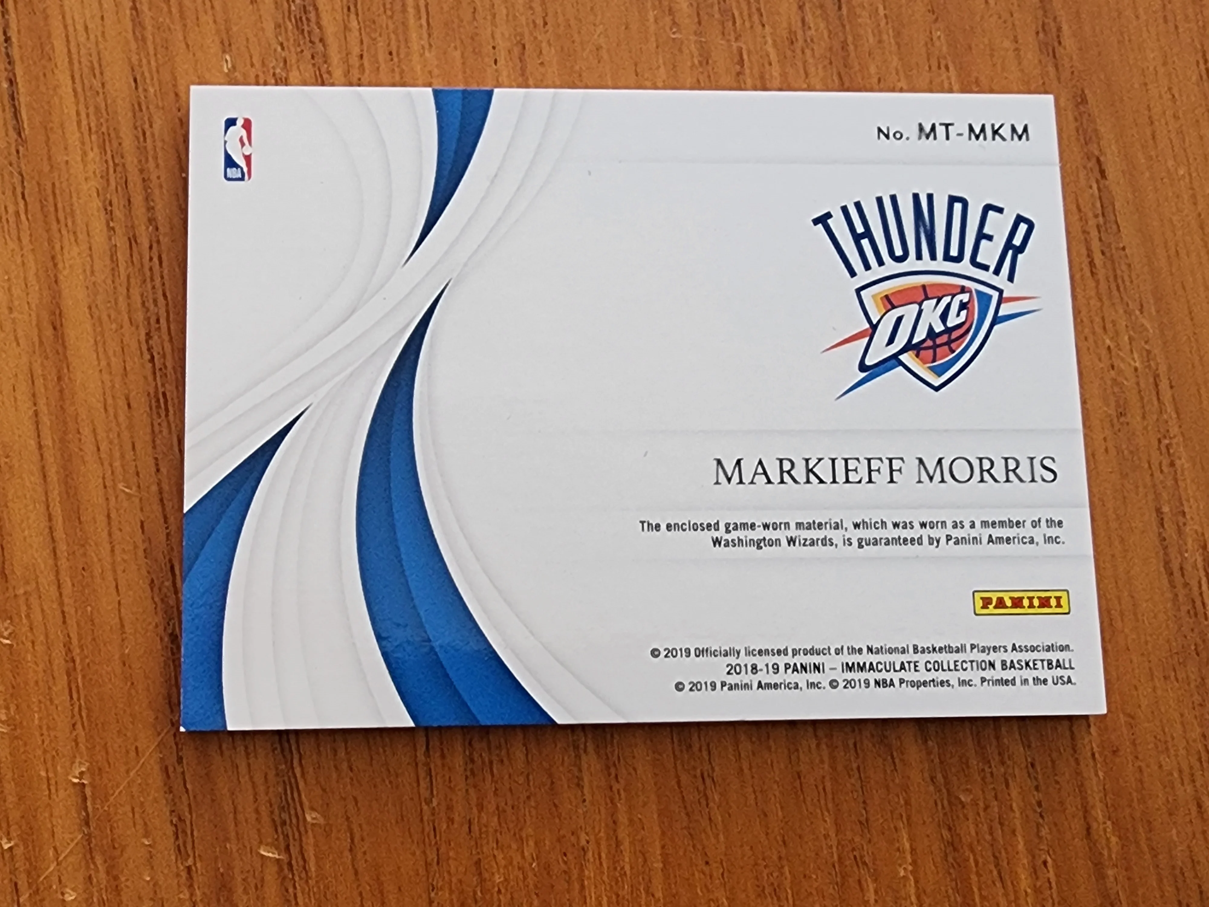 2018-19 Panini NBA Immaculate Collection Markieff Morris Thunder OKC game worn card 39/99 - Image 2