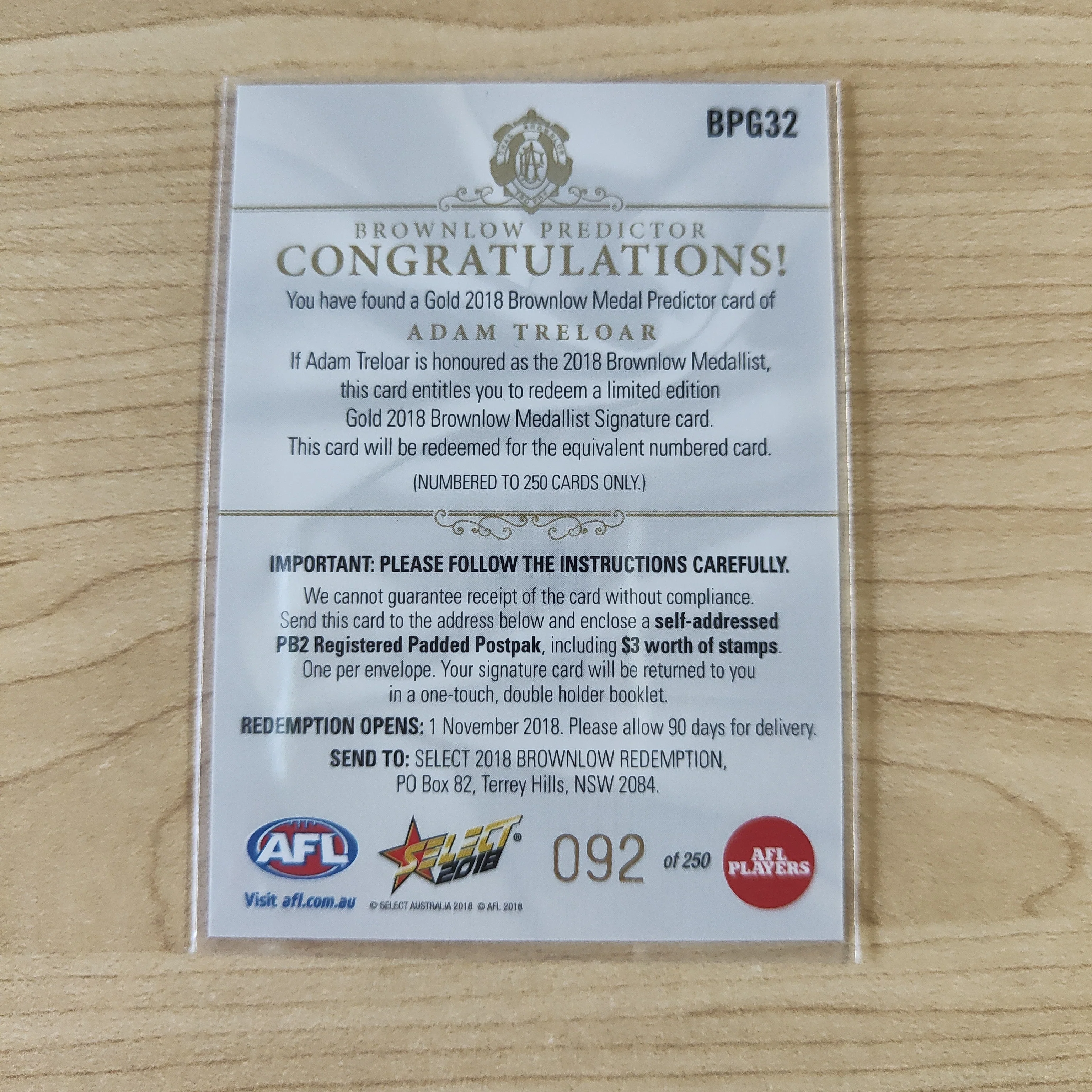 2018 AFL Select Brownlow Predictor Adam Treloar Collingwood No.092/250 - Image 2