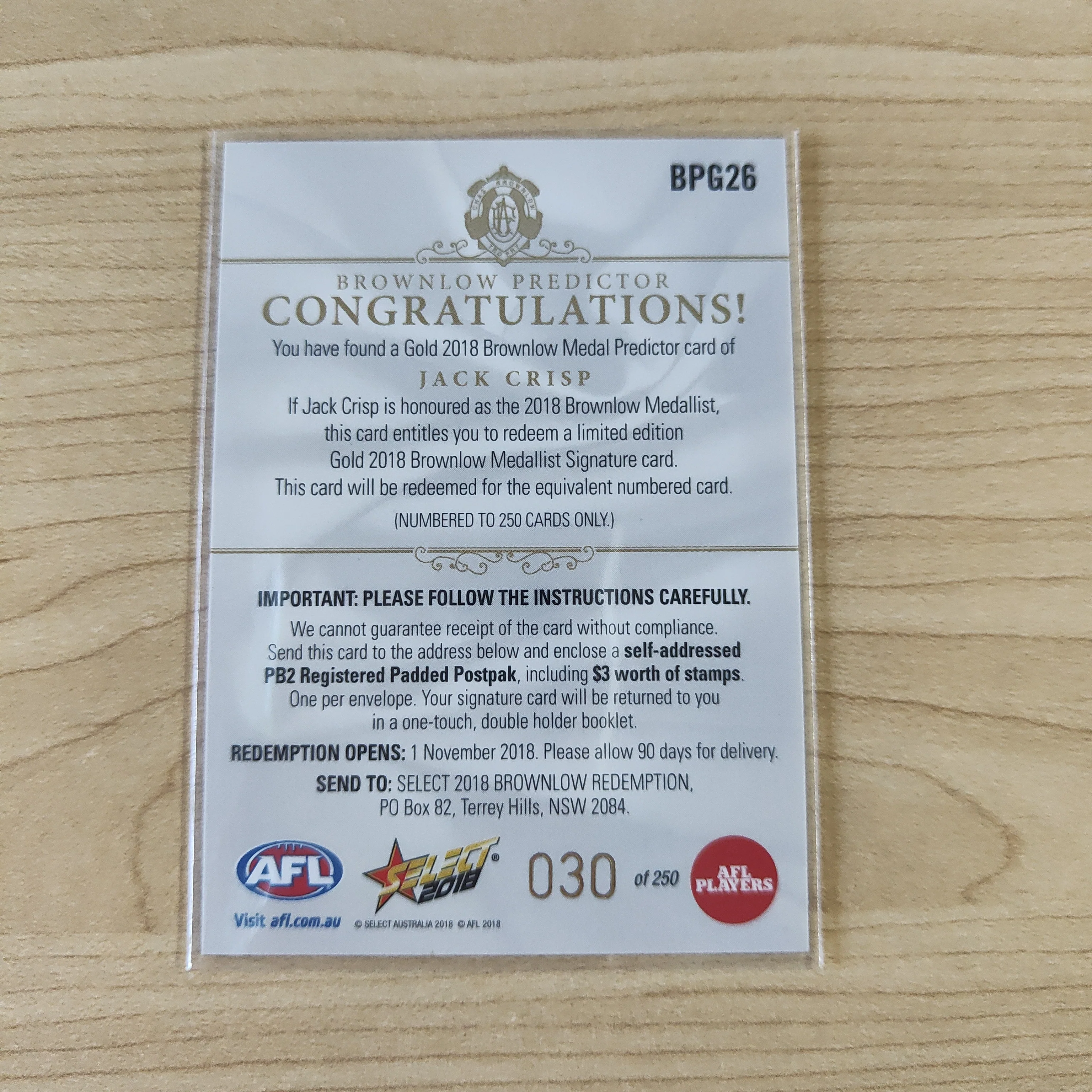 2018 AFL Select Brownlow Predictor Jack Crisp Collingwood No.030/250 - Image 2