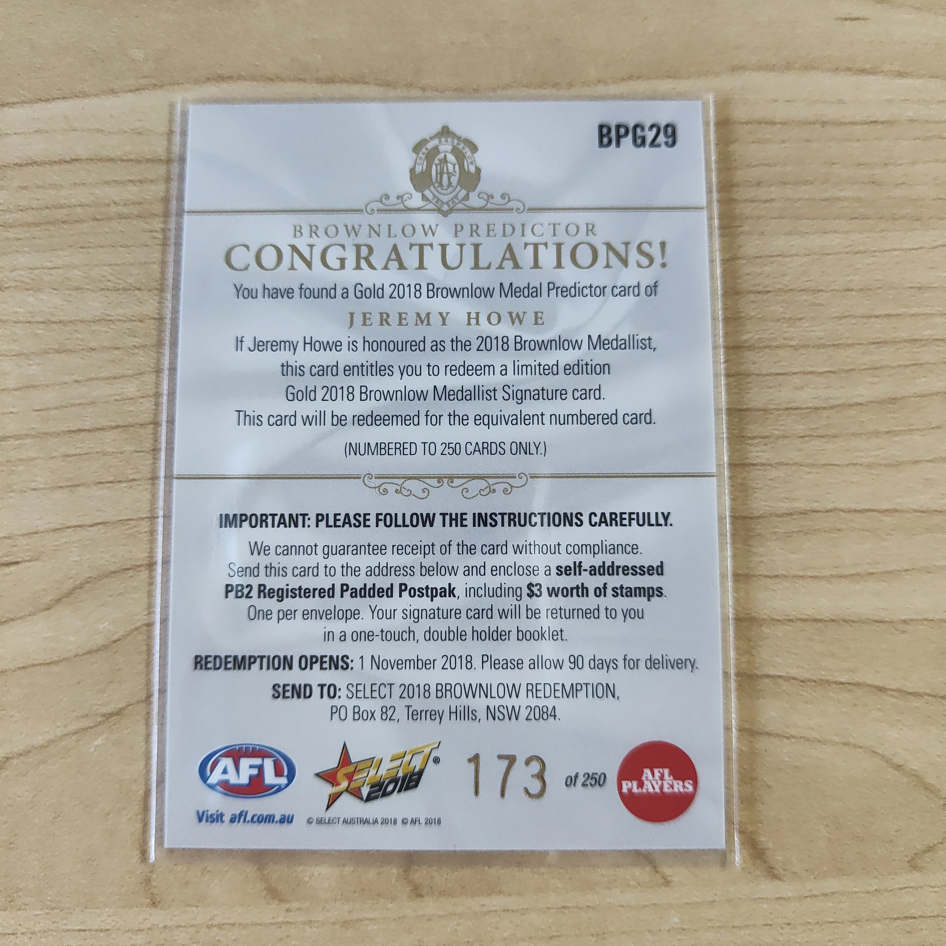 2018 AFL Select Brownlow Predictor Jeremy Howe Collingwood No.173/250 - Image 2
