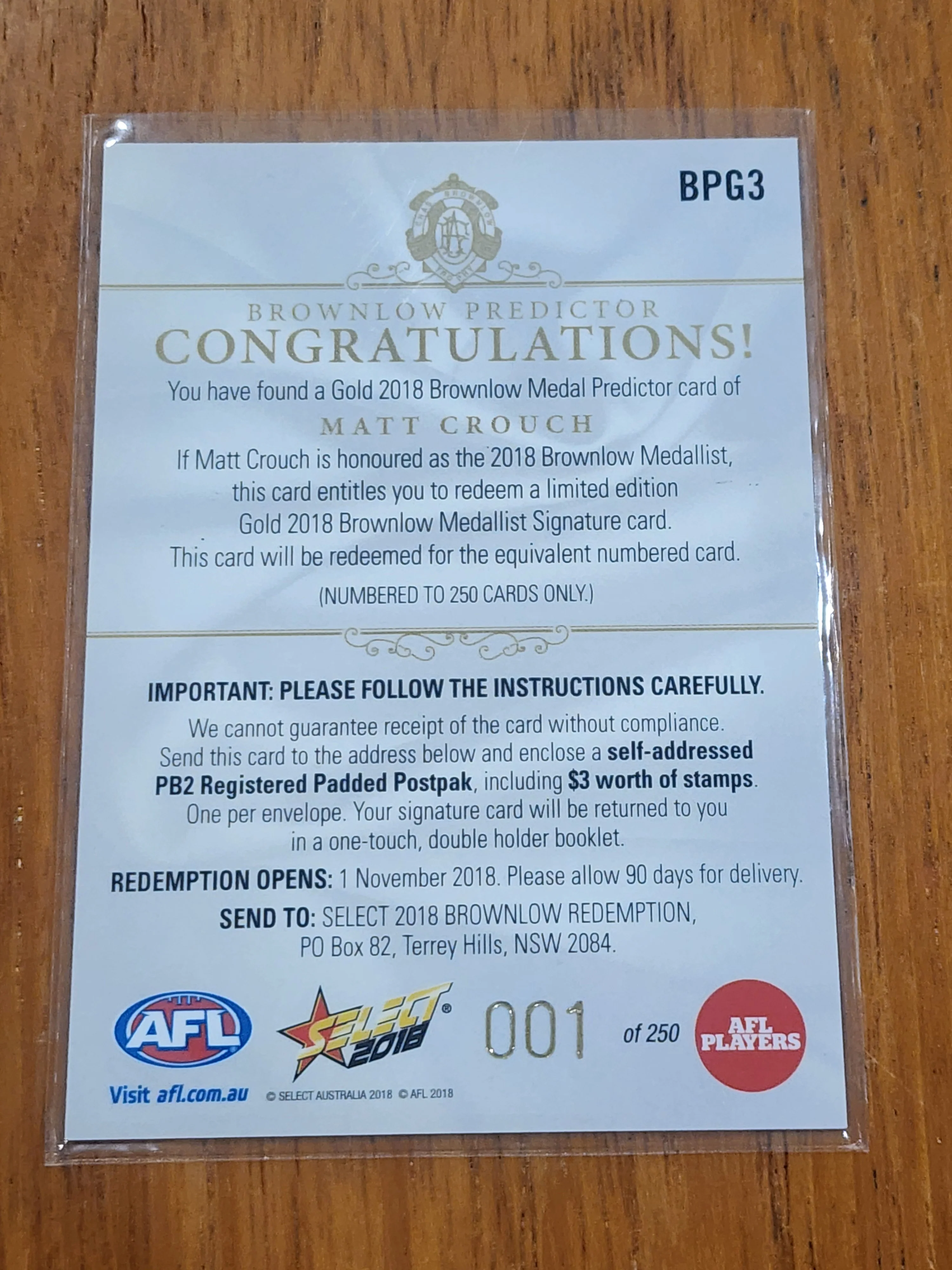 2018 AFL Select Gold Brownlow Predictor  Matt Crouch Adelaide LOW 001/250 BPG3 - Image 2