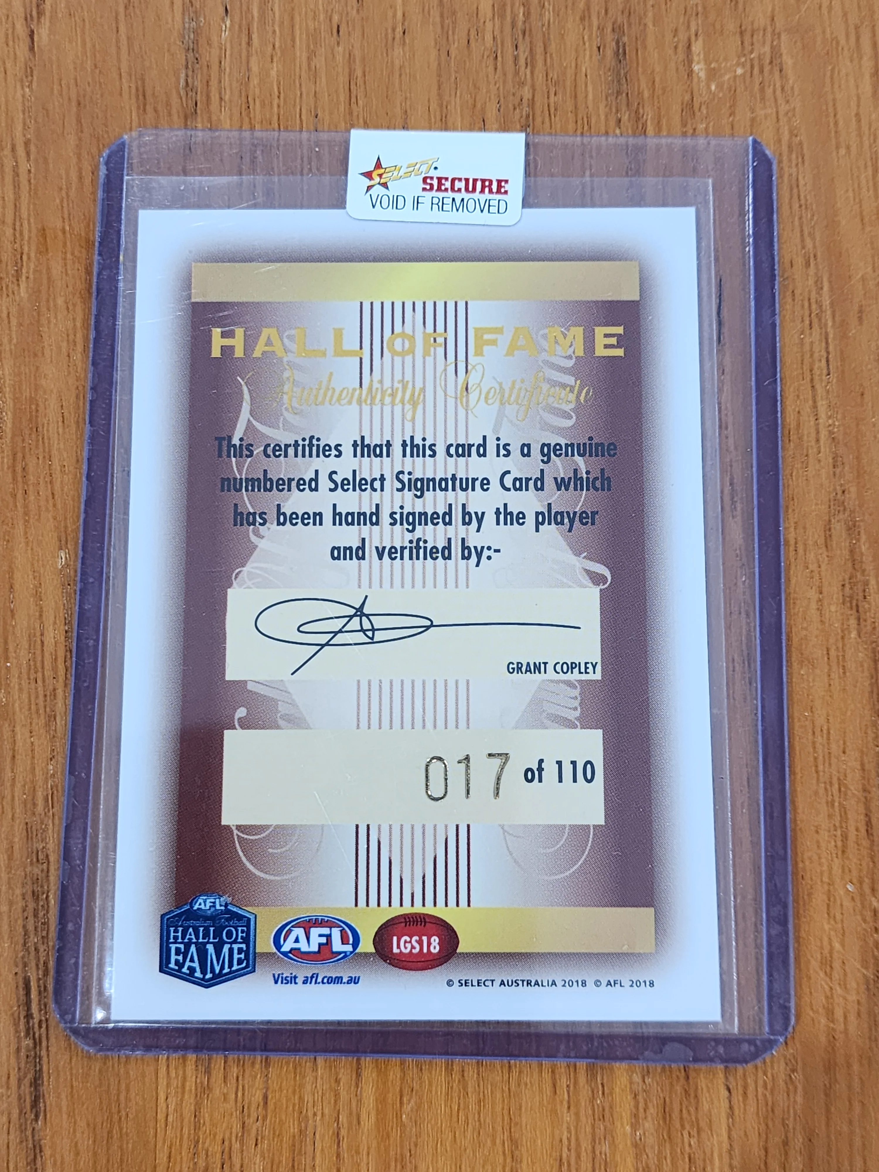 2018 AFL Select Hall Of Fame Legend Signature Card Tony Lockett 17/110 LGS18 - Image 2