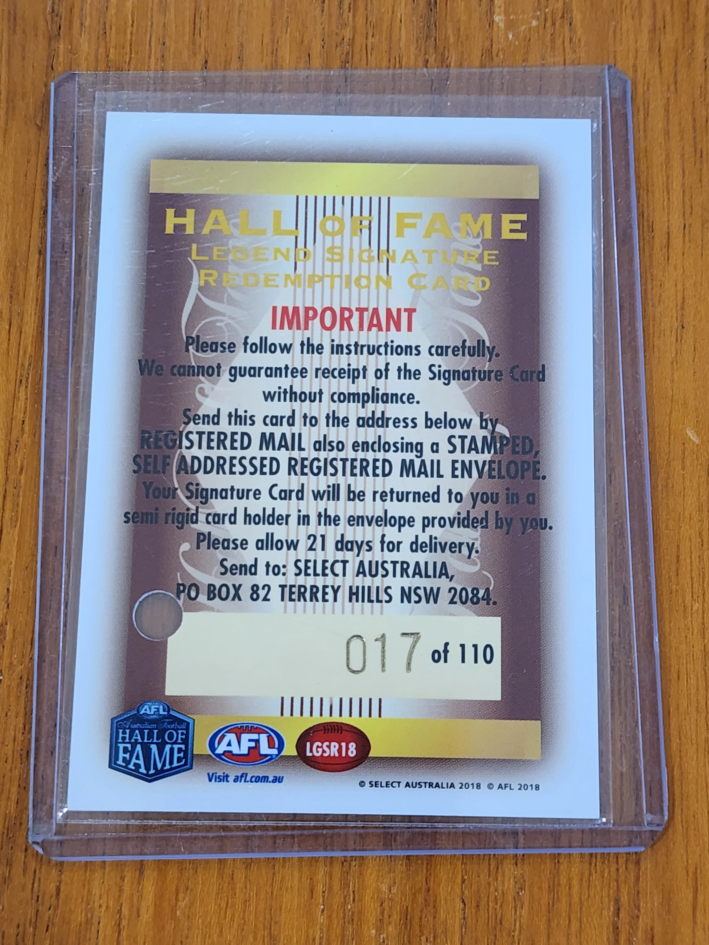 2018 AFL Select Hall Of Fame Legend Signature Card Tony Lockett 17/110 LGS18 - Image 4