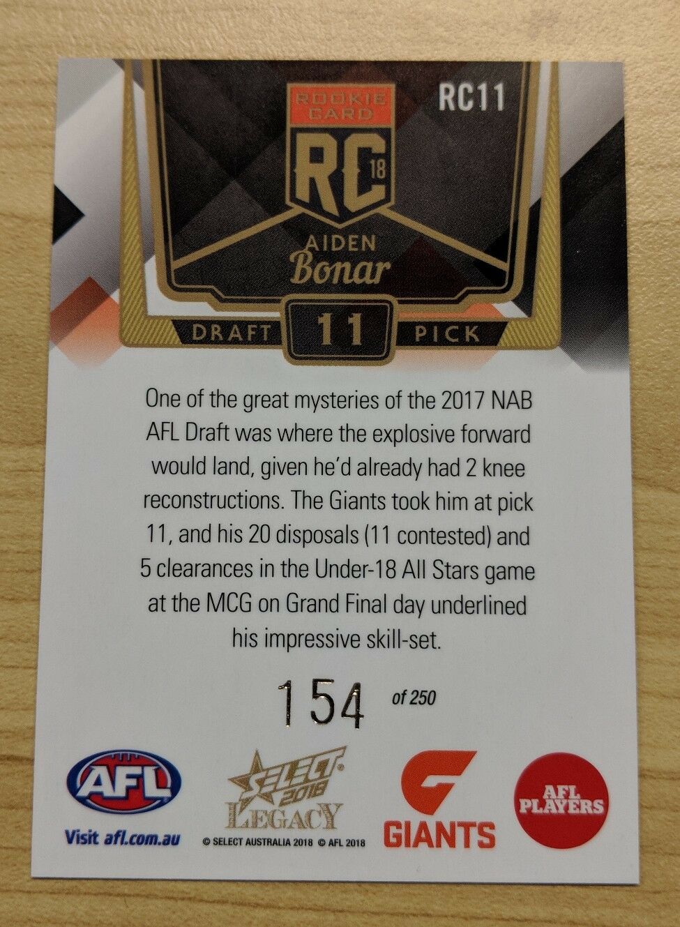 2018 AFL Select Legacy Rookie card AIDEN BONAR GWS Giants RC11 154/250 - Image 2