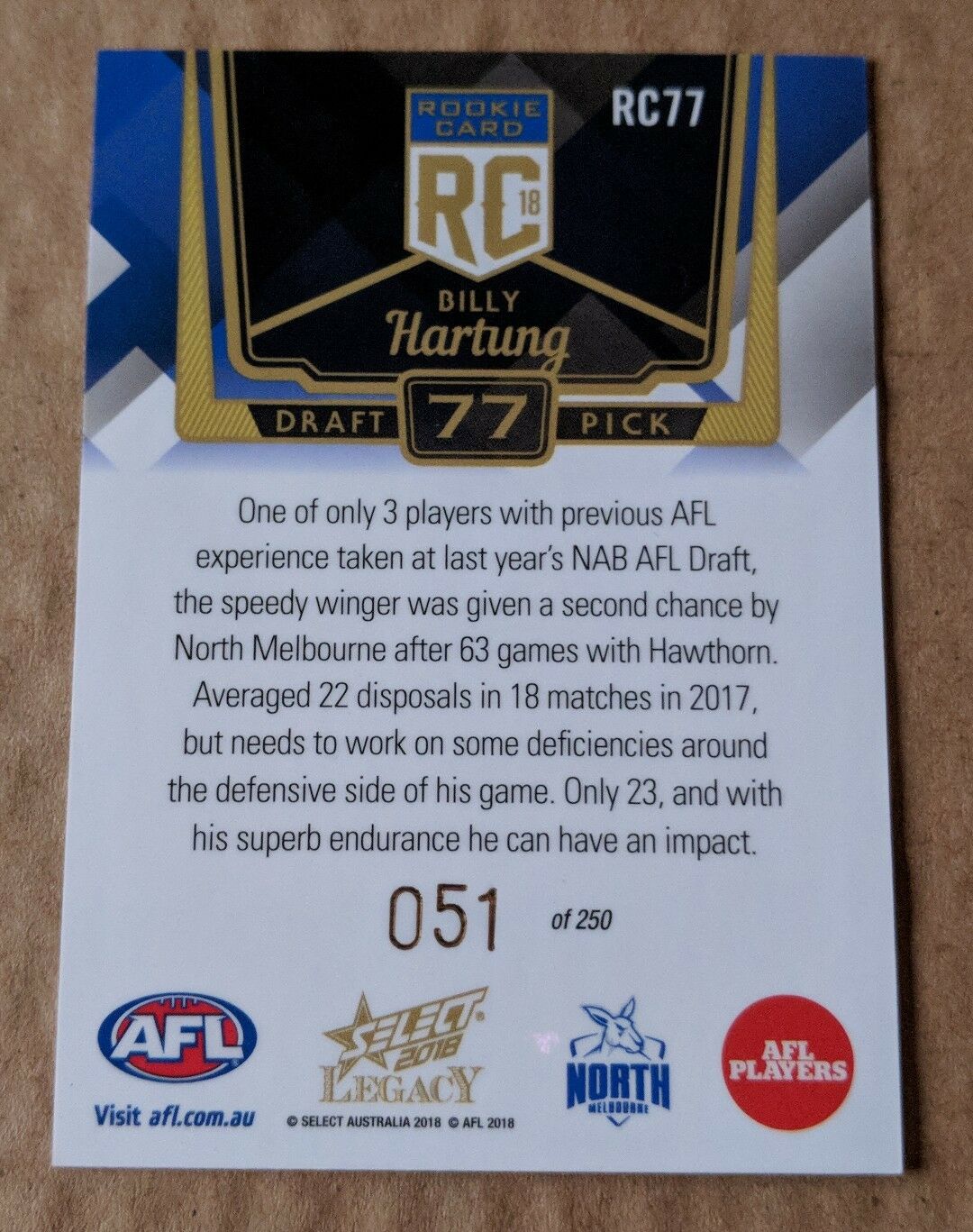 2018 AFL SELECT LEGACY ROOKIE CARD RC77 BILLY HARTUNG NORTH MELBOURNE 51/250 - Image 2