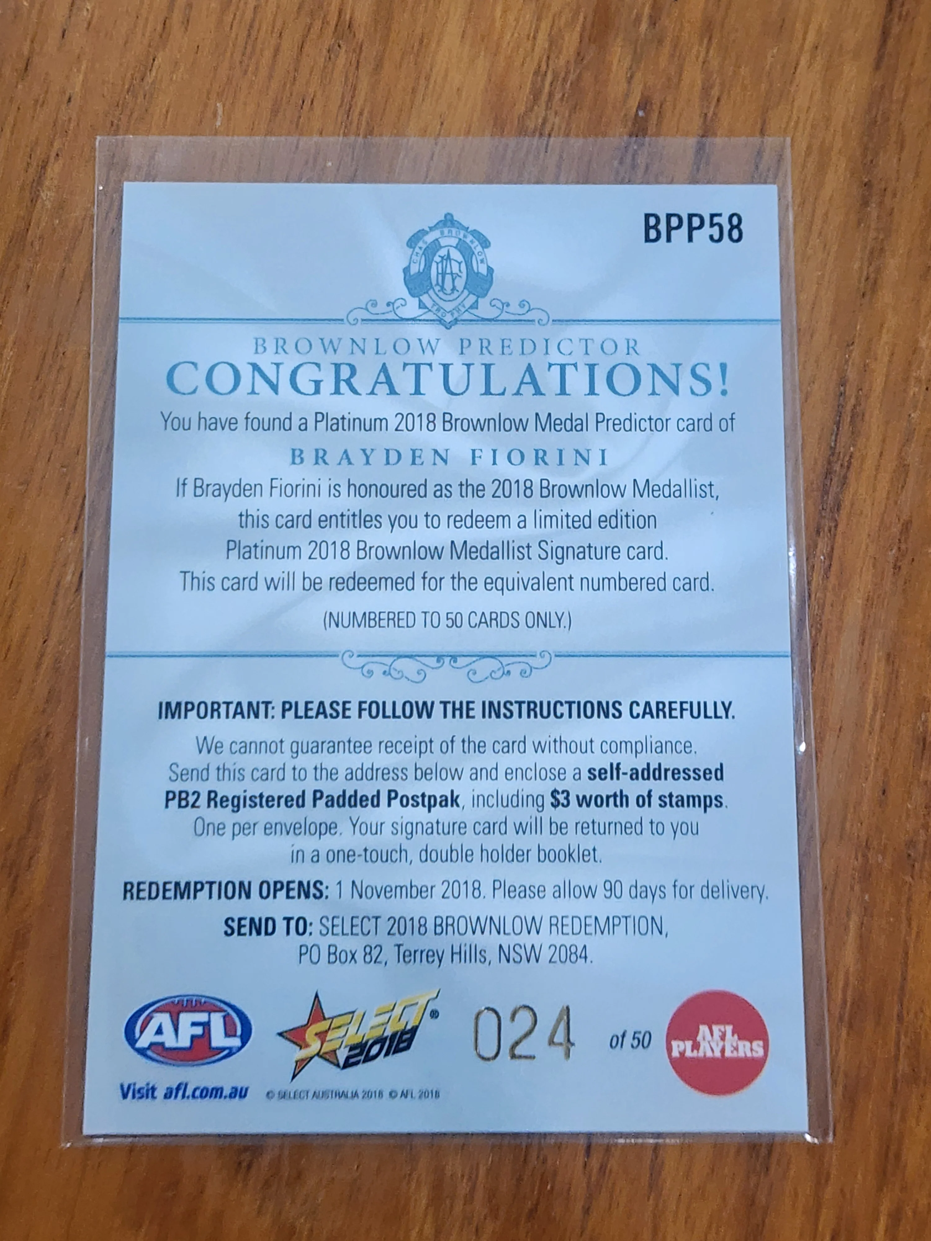 2018 AFL Select Platinum Brownlow Medal Predictor Braydon Fiorini Gold Coast Suns BPP58 024/50 - Image 2