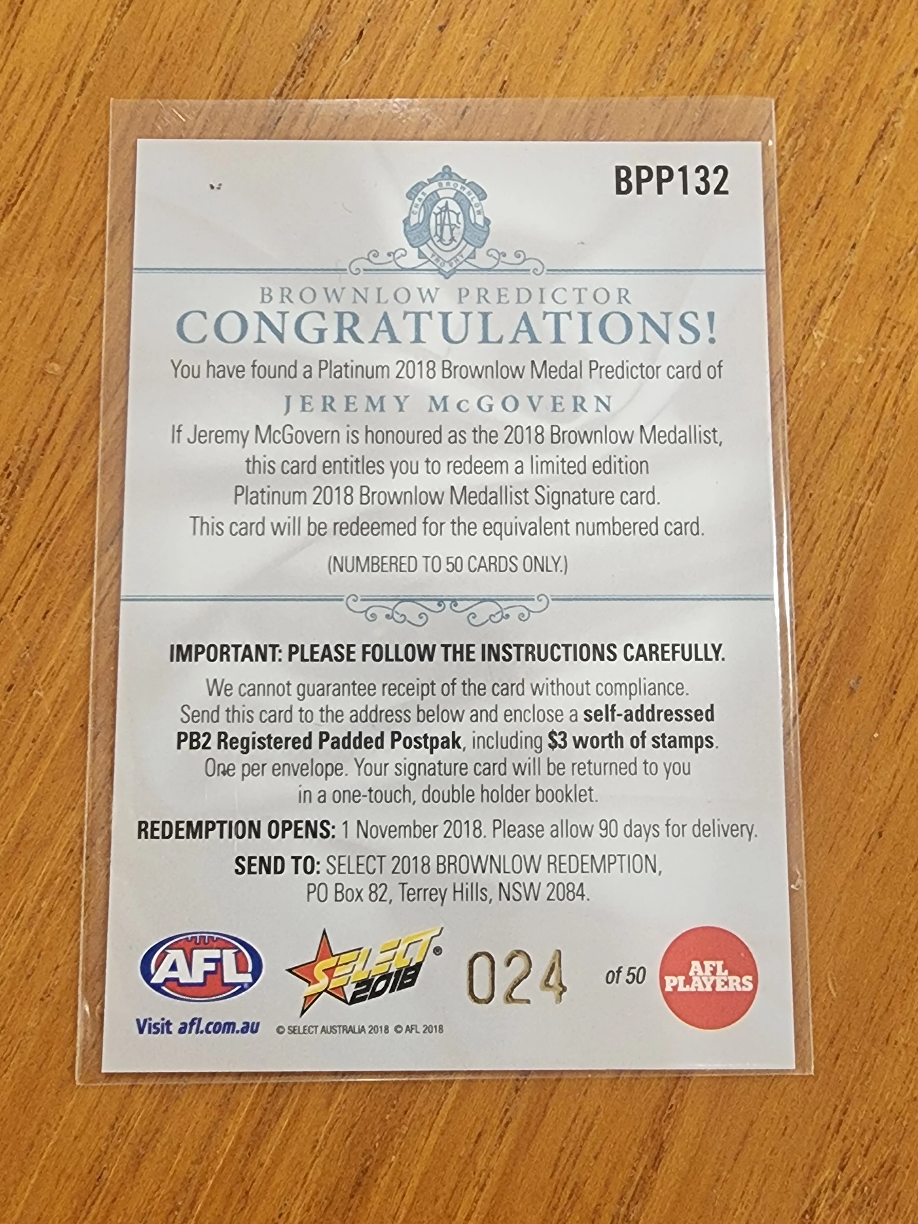 2018 AFL Select Platinum Brownlow Medal Predictor Braydon Fiorini Gold Coast Suns BPP58 024/50 - Image 2