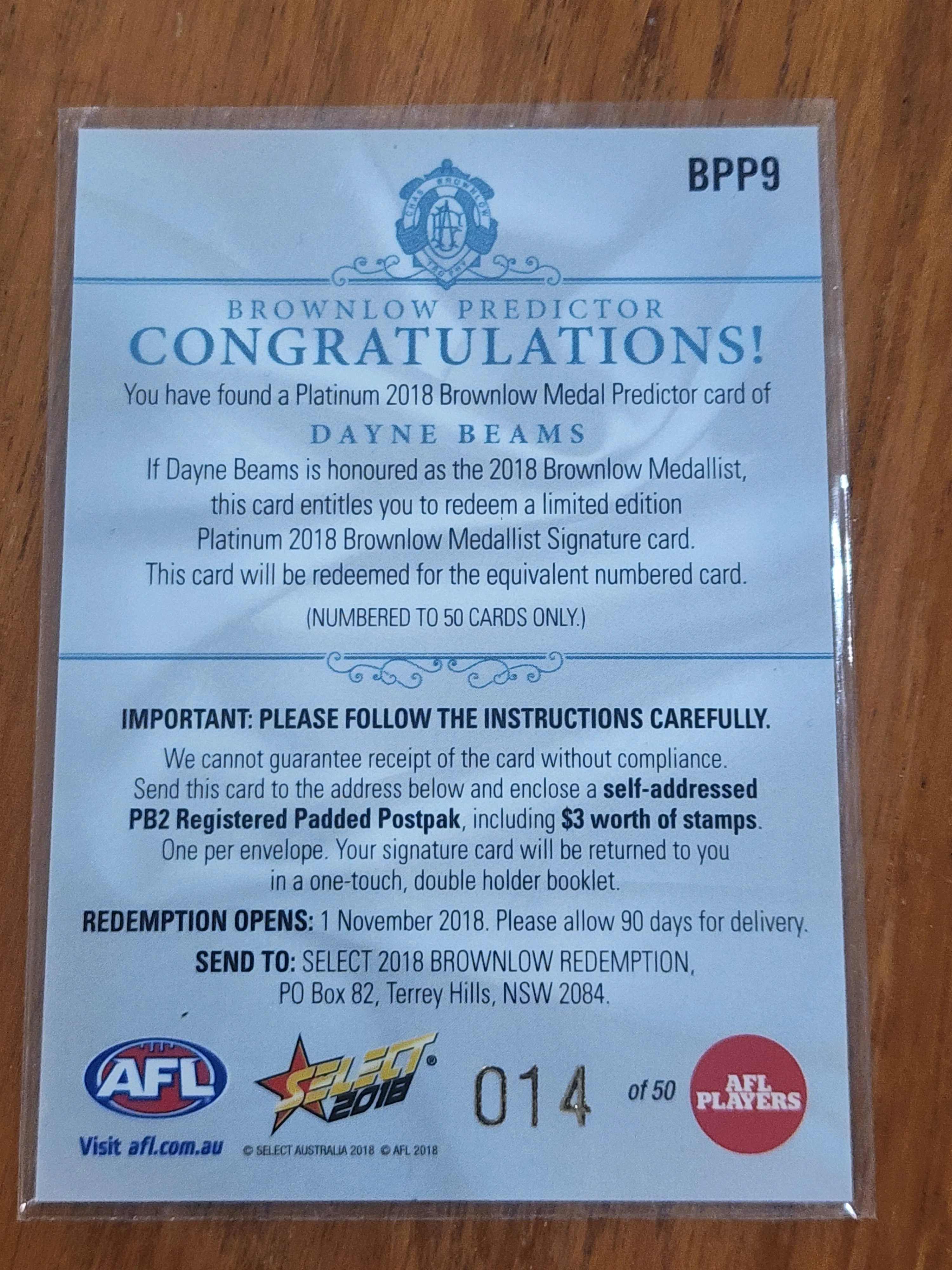 2018 AFL Select Platinum Brownlow Medal Predictor Dayne Beams Brisbane Lions BPP9 014/50 - Image 2